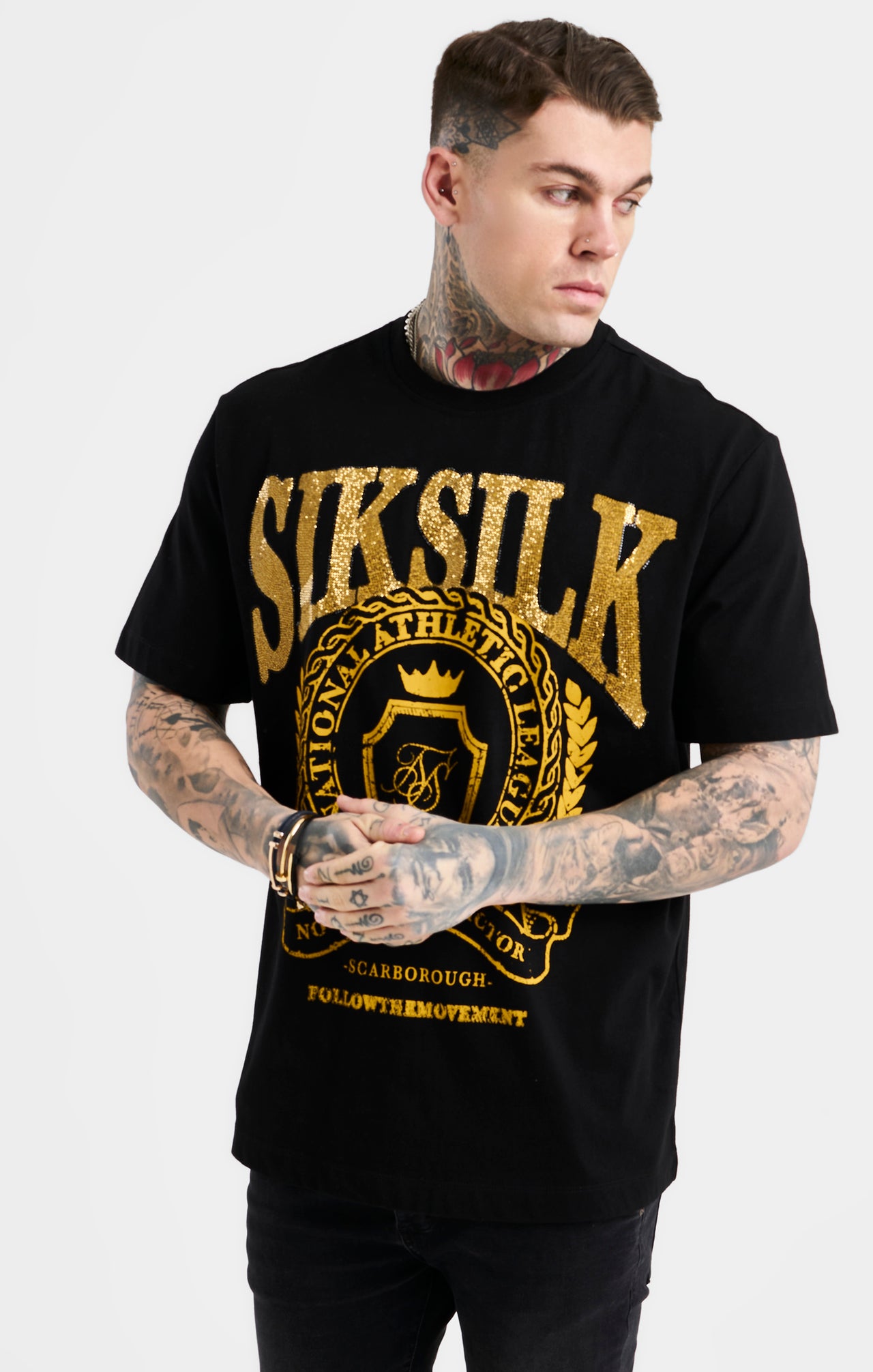SikSilk Oversized Rhinestone Varsity T-Shirt - Black & Gold (5)