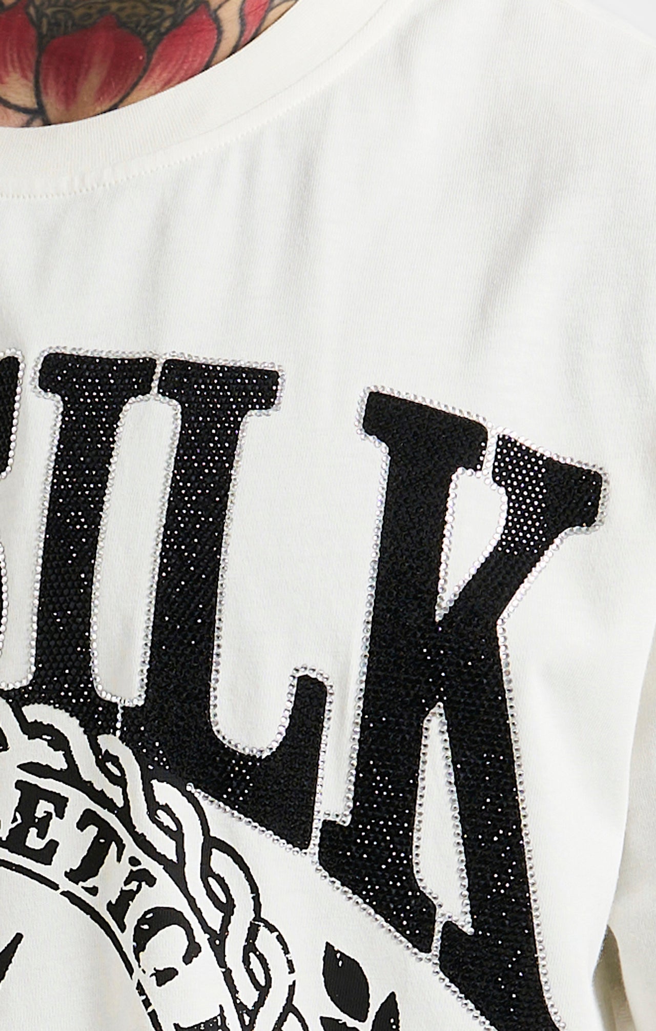 SikSilk Oversized Rhinestone Varsity T-Shirt - Ecru & Black (1)