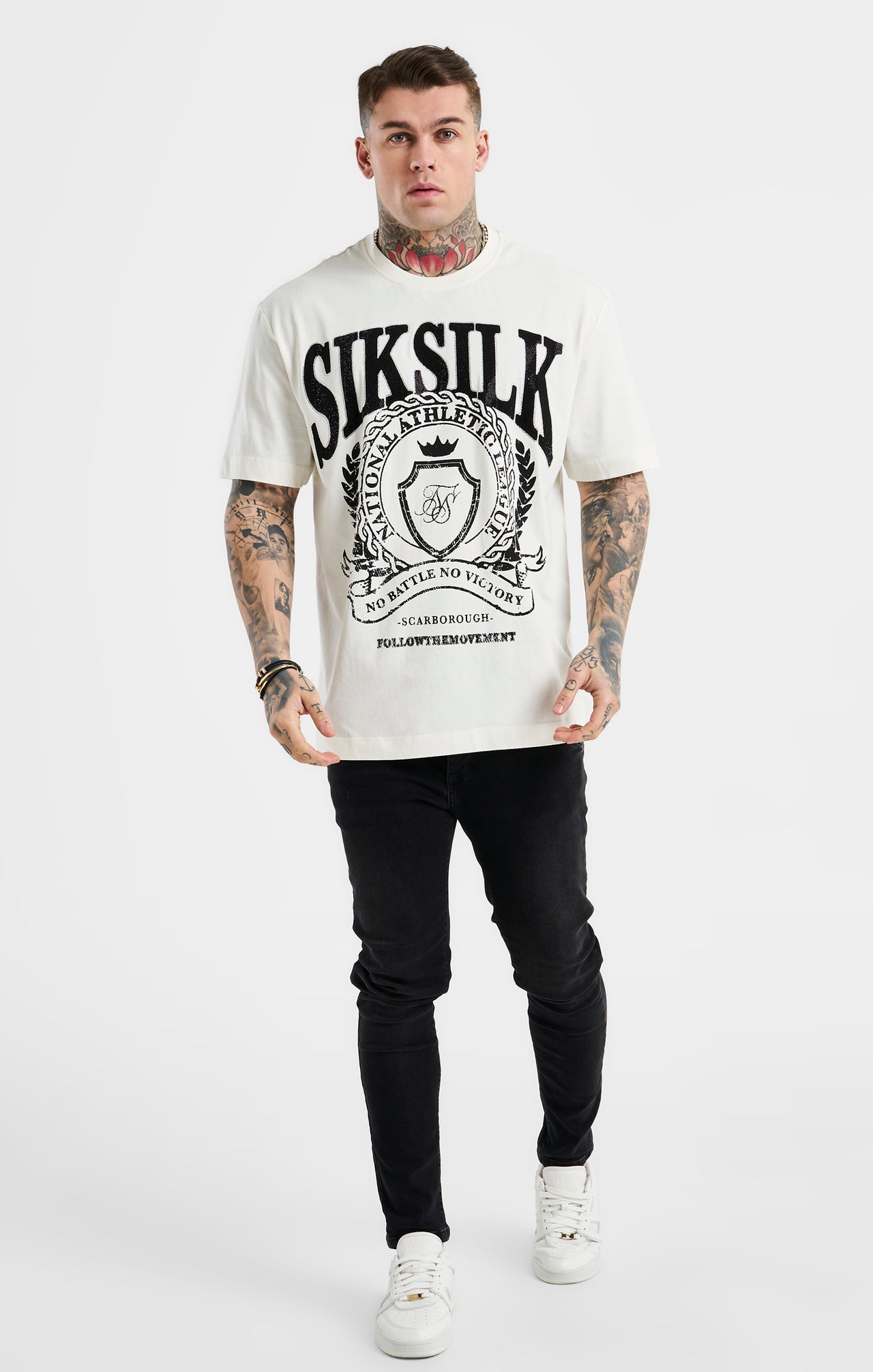 SikSilk Oversized Rhinestone Varsity T-Shirt - Ecru & Black (2)