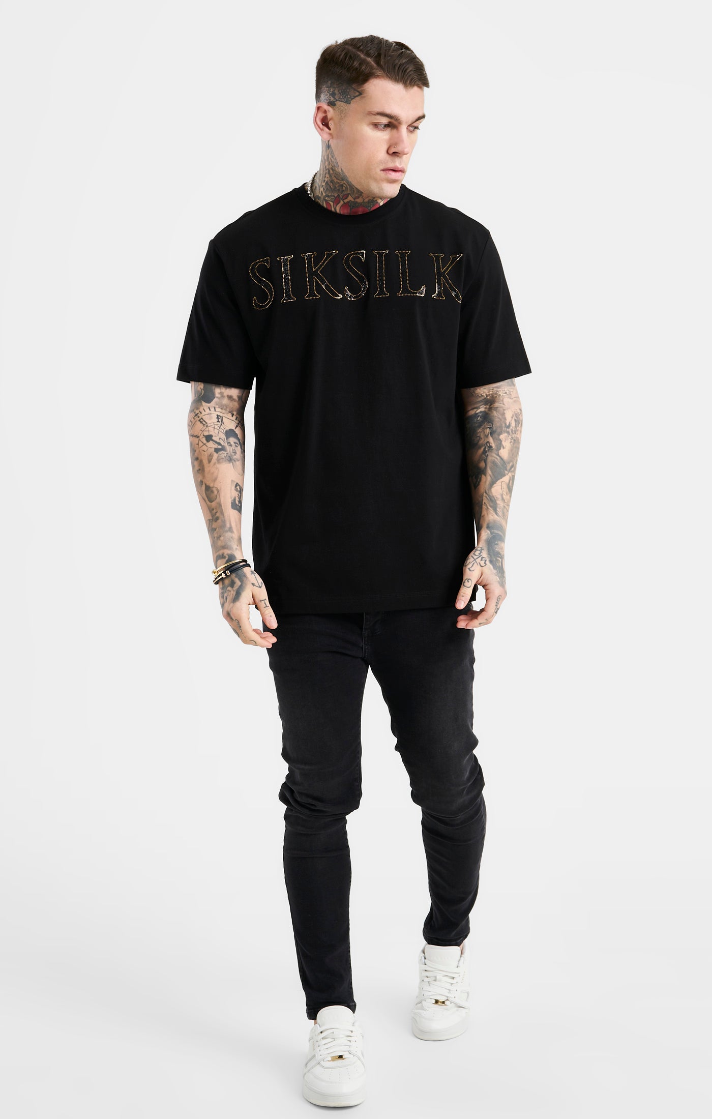 SikSilk Men's Black Oversized Rhinestone Logo T-Shirt