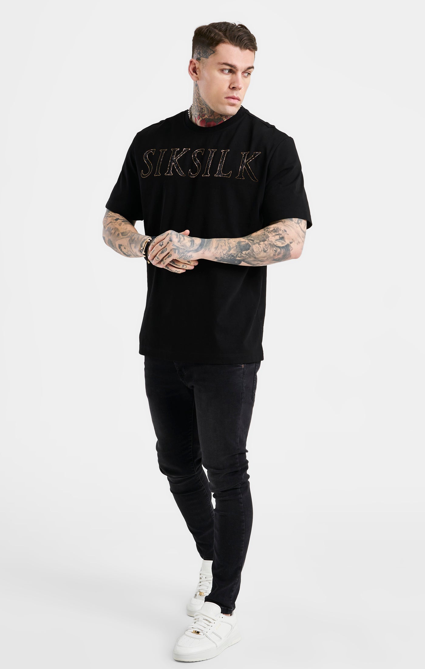 SikSilk Men's Black Oversized Rhinestone Logo T-Shirt