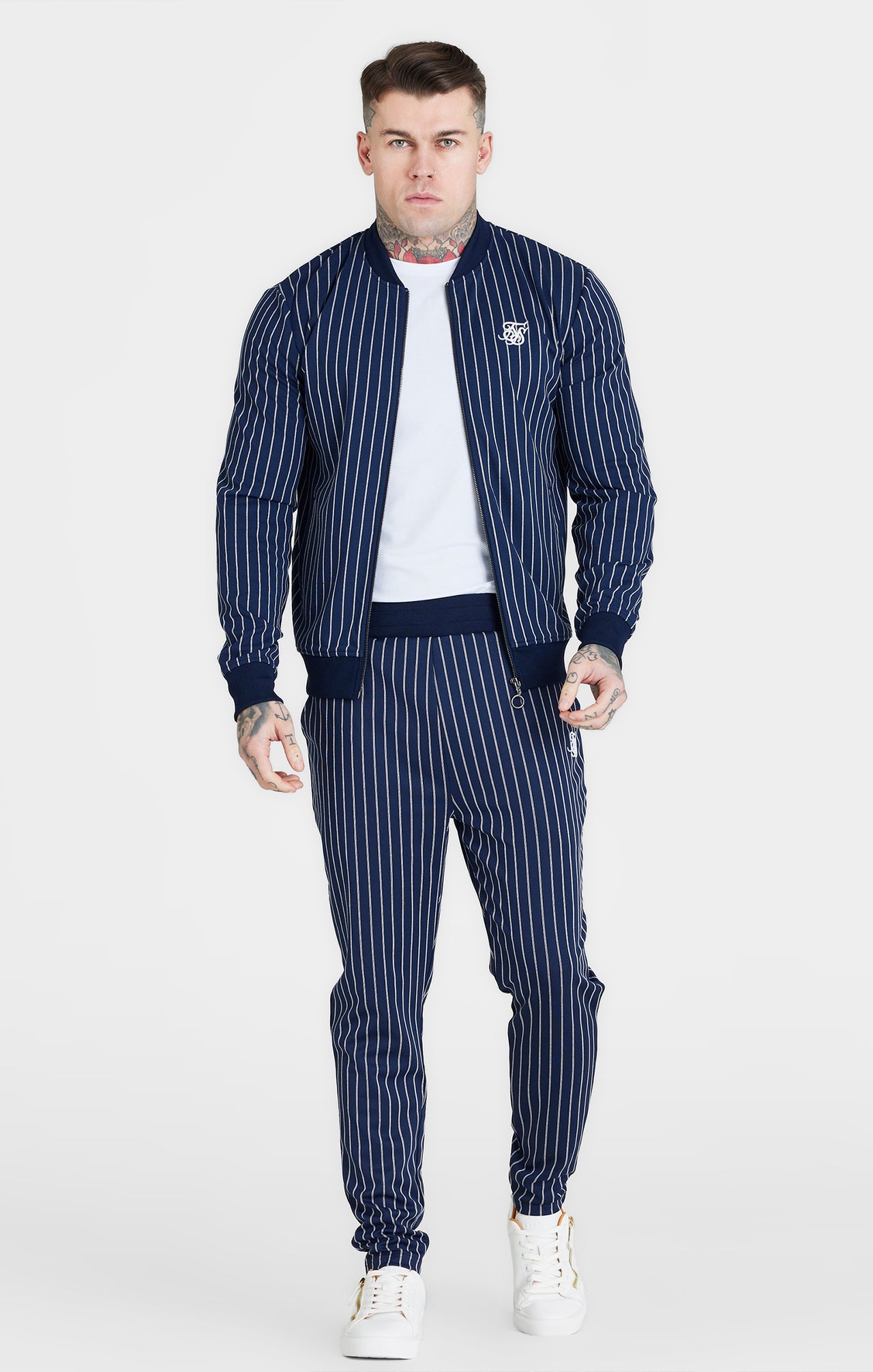 SikSilk Pinstripe Bomber - Navy (2)