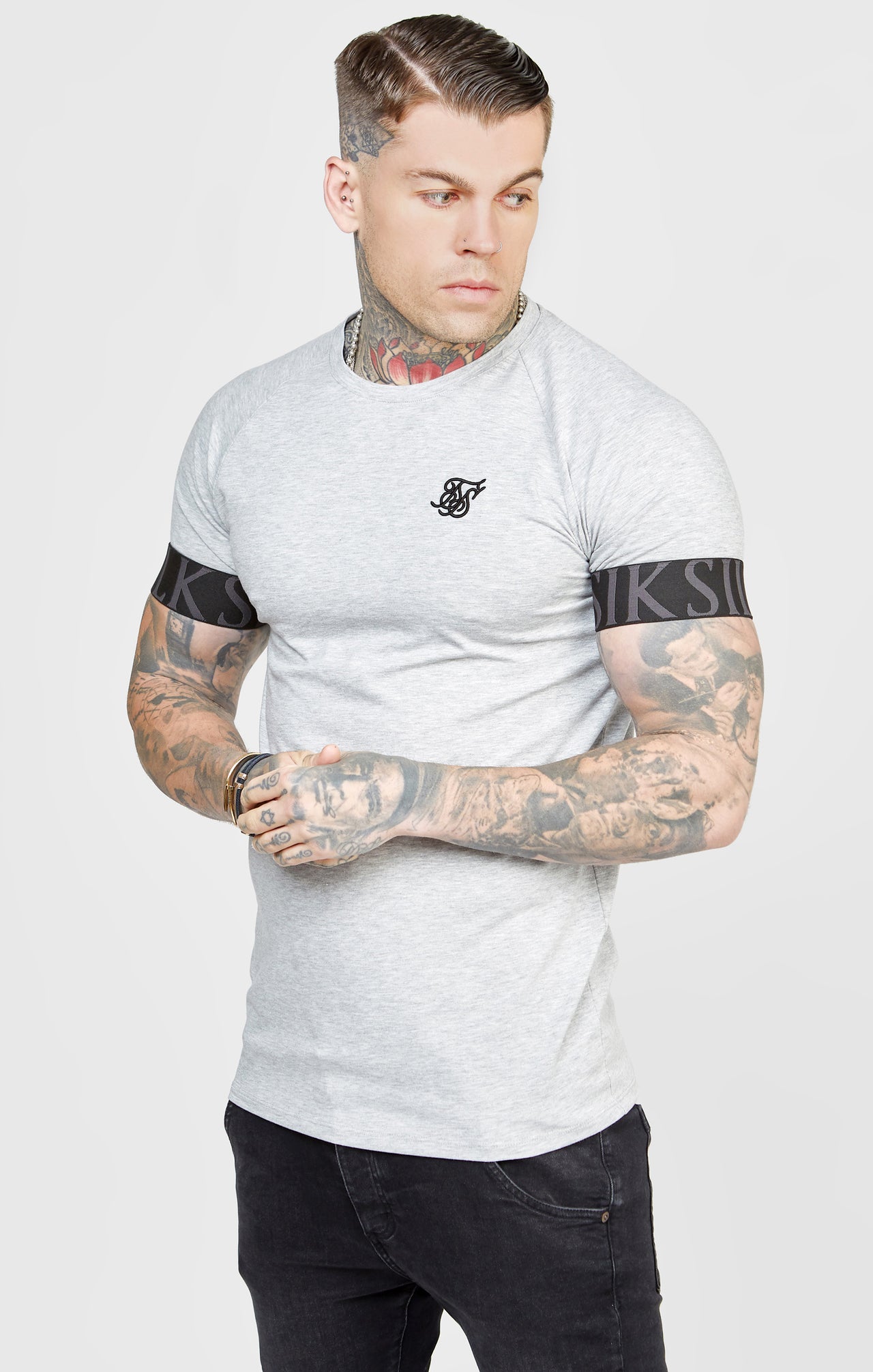 SikSilk Venetian Print Elastic Cuff Raglan T-Shirt - Grey Marl