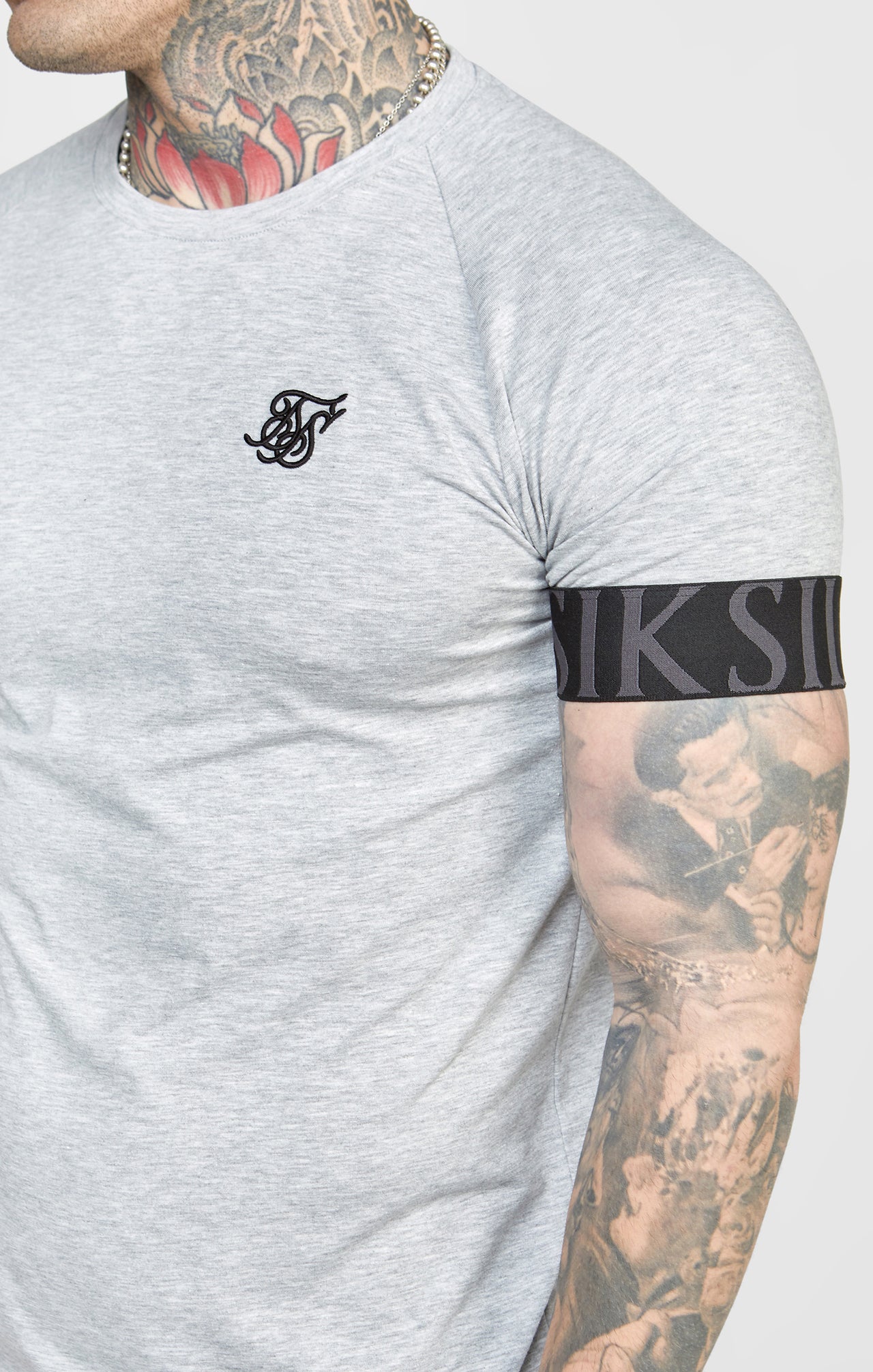 SikSilk Venetian Print Elastic Cuff Raglan T-Shirt - Grey Marl (1)