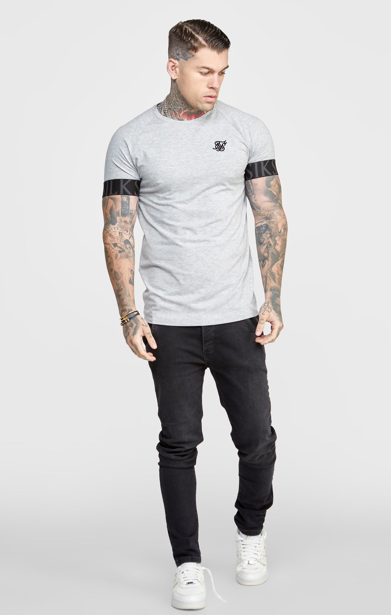 SikSilk Venetian Print Elastic Cuff Raglan T-Shirt - Grey Marl (2)