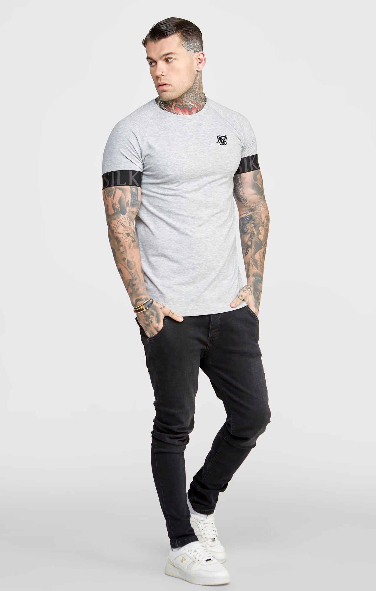 SikSilk Venetian Print Elastic Cuff Raglan T-Shirt - Grey Marl (3)