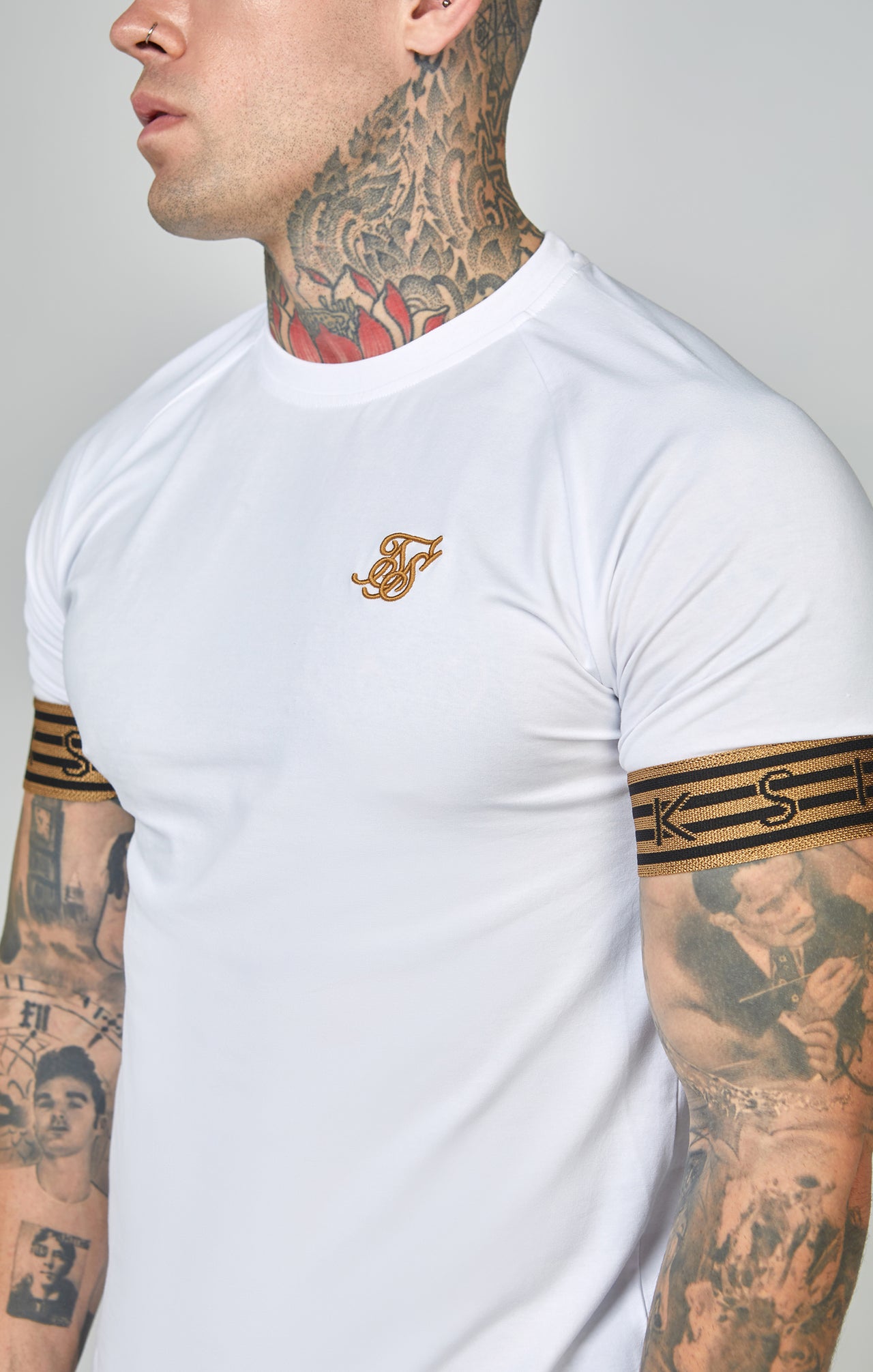 White, Gold Knitted Elastic Cuffed T-Shirt (1)