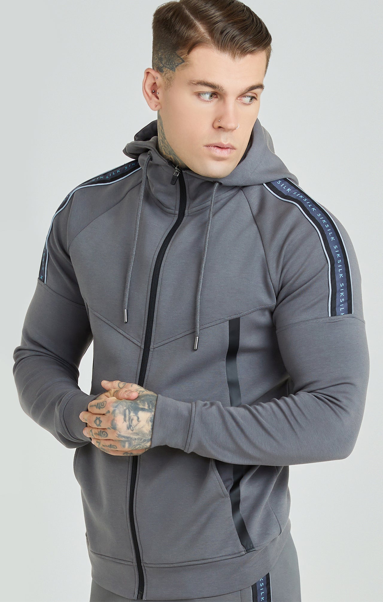 Grey Branded Tape Zip Thru Hoodie