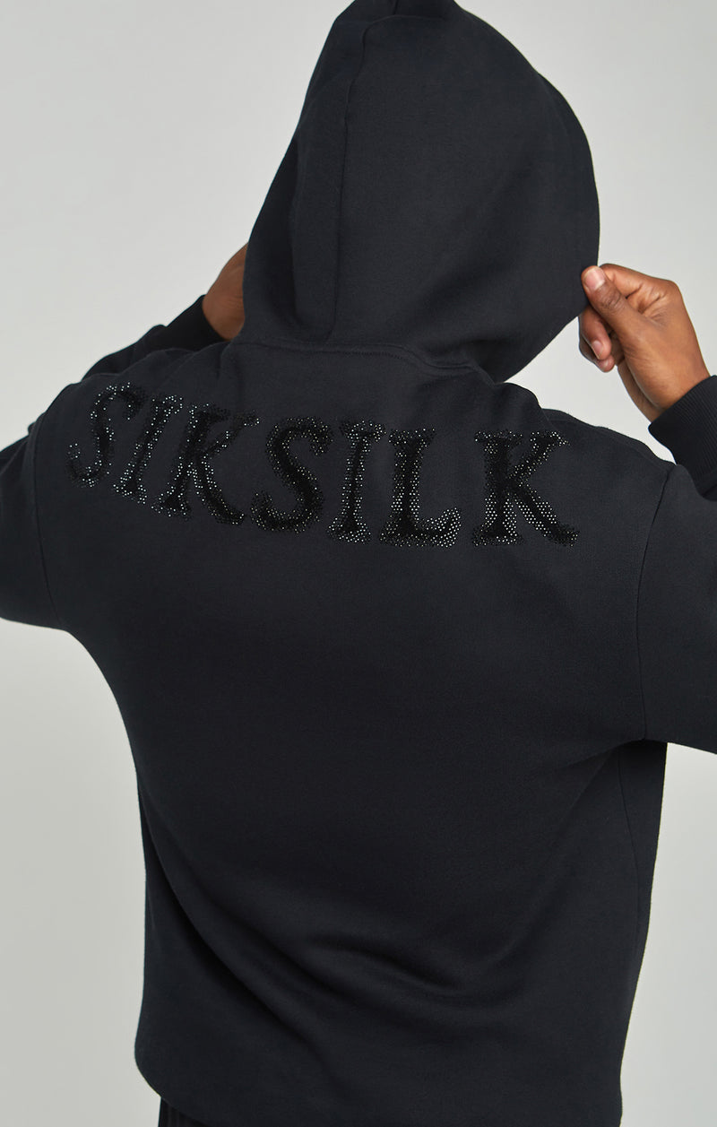 Black Rhinestone Logo Oversized Fit Overhead Hoodie