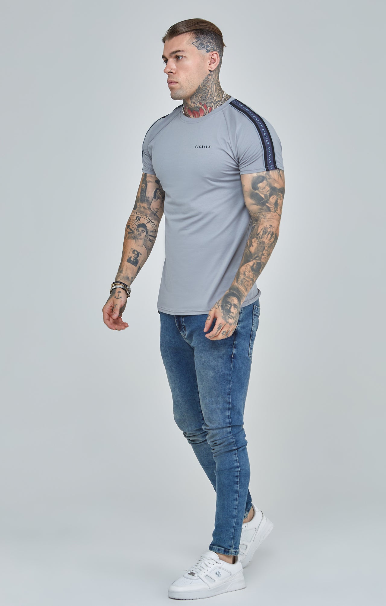 Grey Raglan Tape Muscle Fit T-Shirt (1)