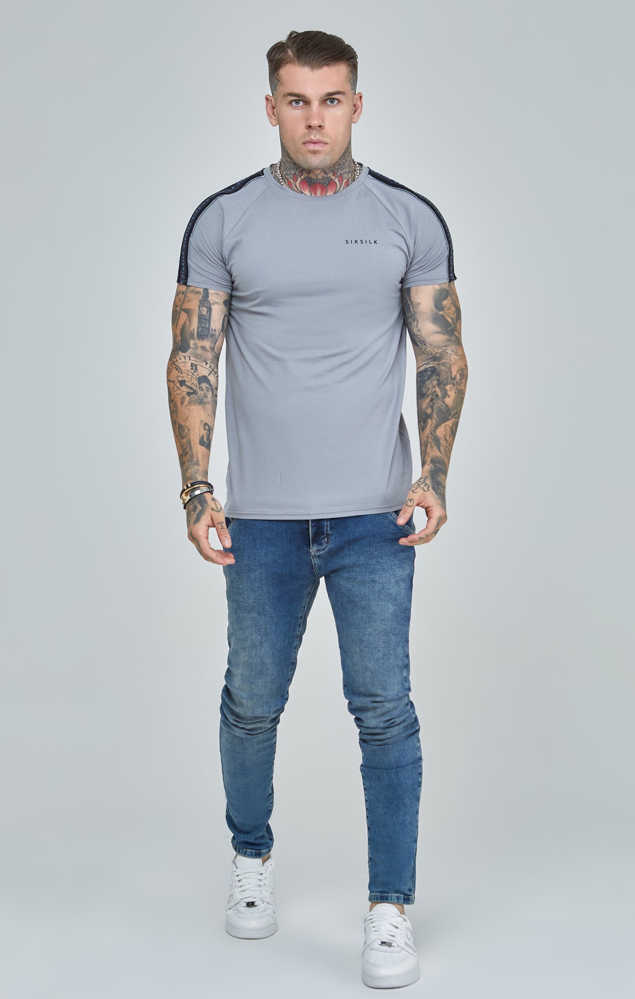 Grey Raglan Tape Muscle Fit T-Shirt (3)