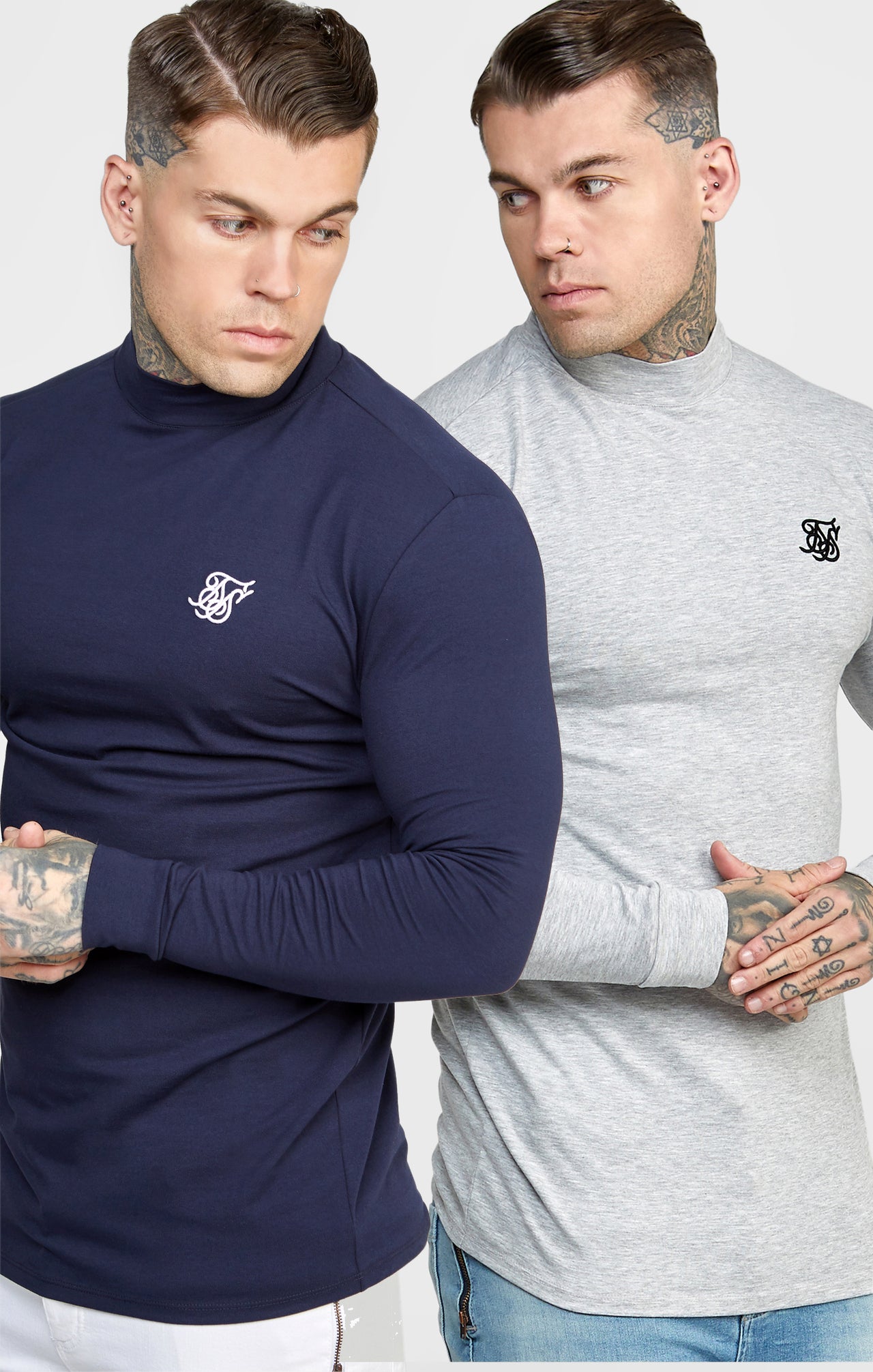 Navy Twin Pack Long Sleeve High Neck Muscle Fit T-Shirt