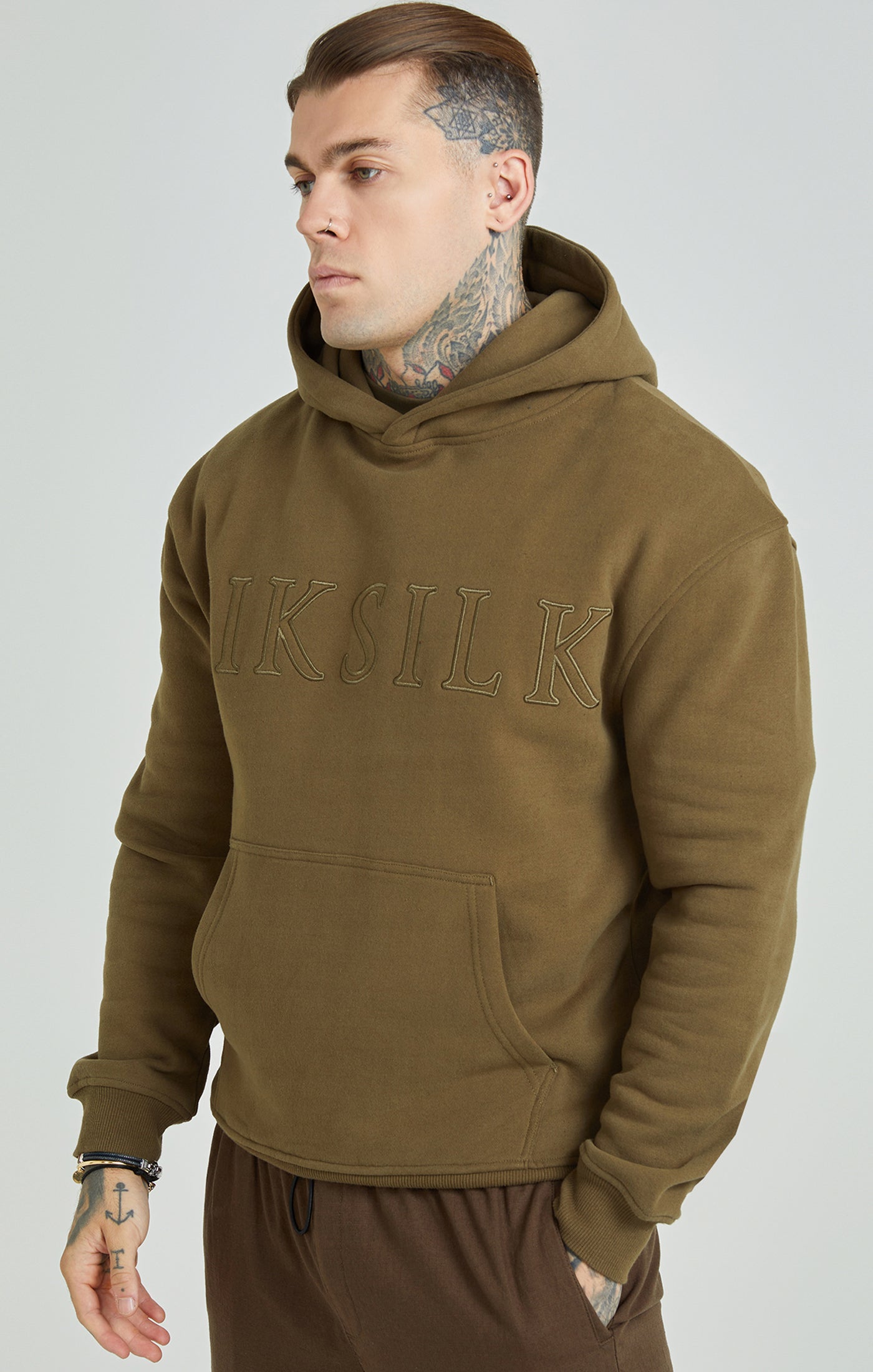 Load image into Gallery viewer, Khaki Applique Logo Relaxed Fit Overhead Hoodie