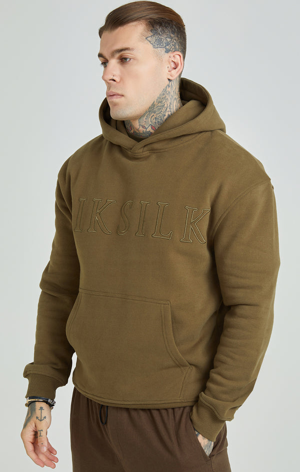 Khaki Applique Logo Relaxed Fit Overhead Hoodie