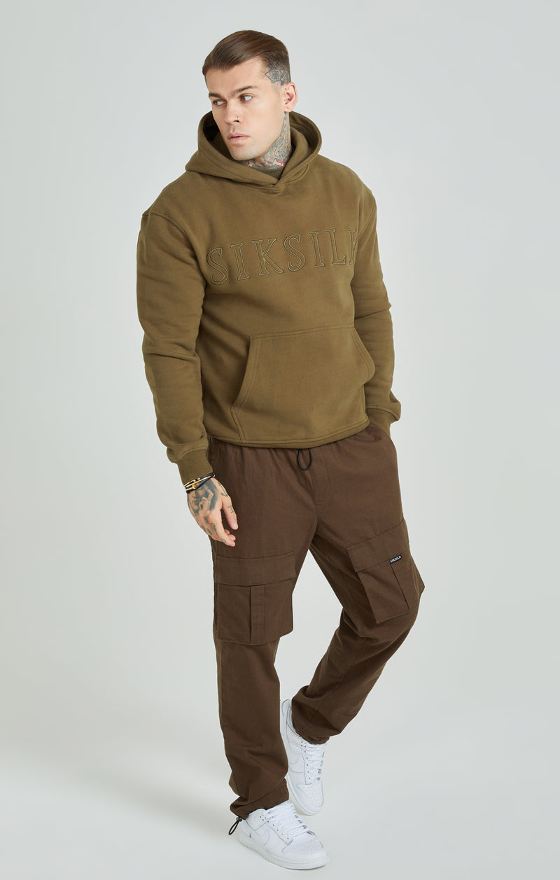 Khaki Applique Logo Relaxed Fit Overhead Hoodie (1)