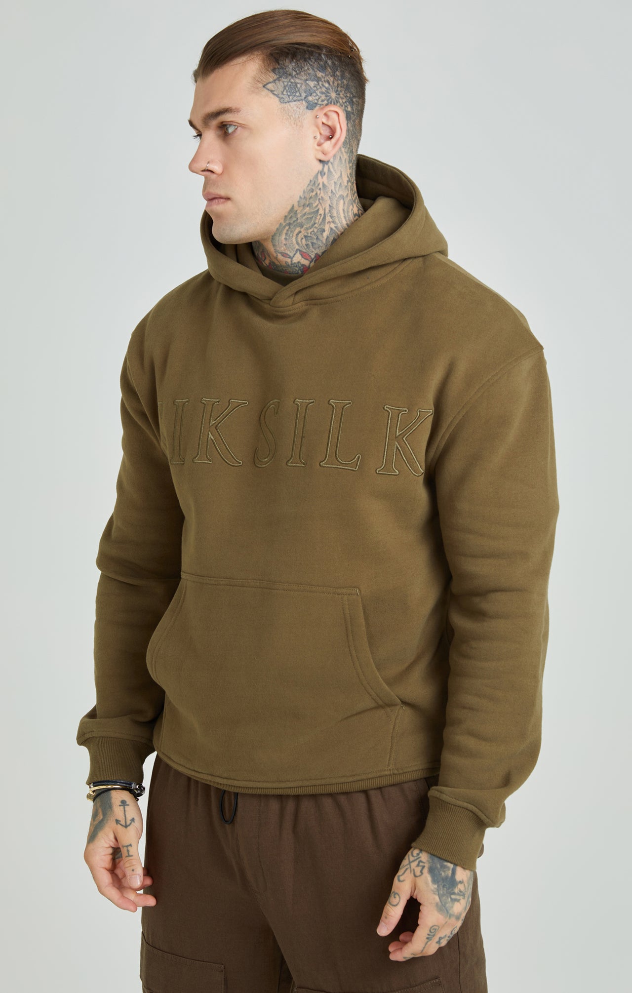 Khaki Applique Logo Relaxed Fit Overhead Hoodie (2)
