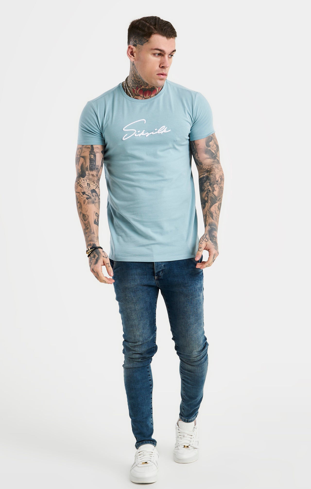Blue Script Embroidery Muscle Fit T-Shirt (2)