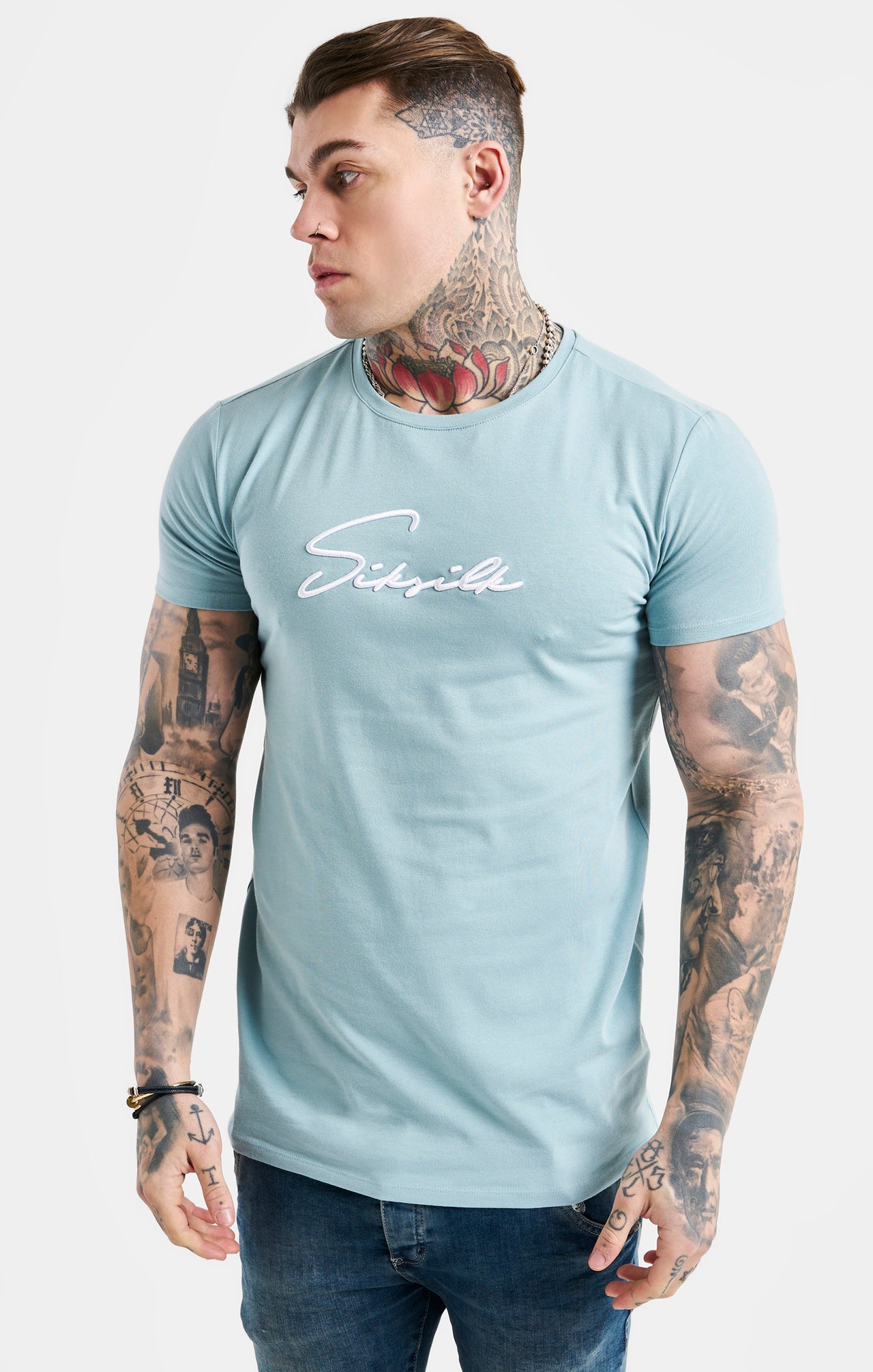 Blue Script Embroidery Muscle Fit T-Shirt (4)