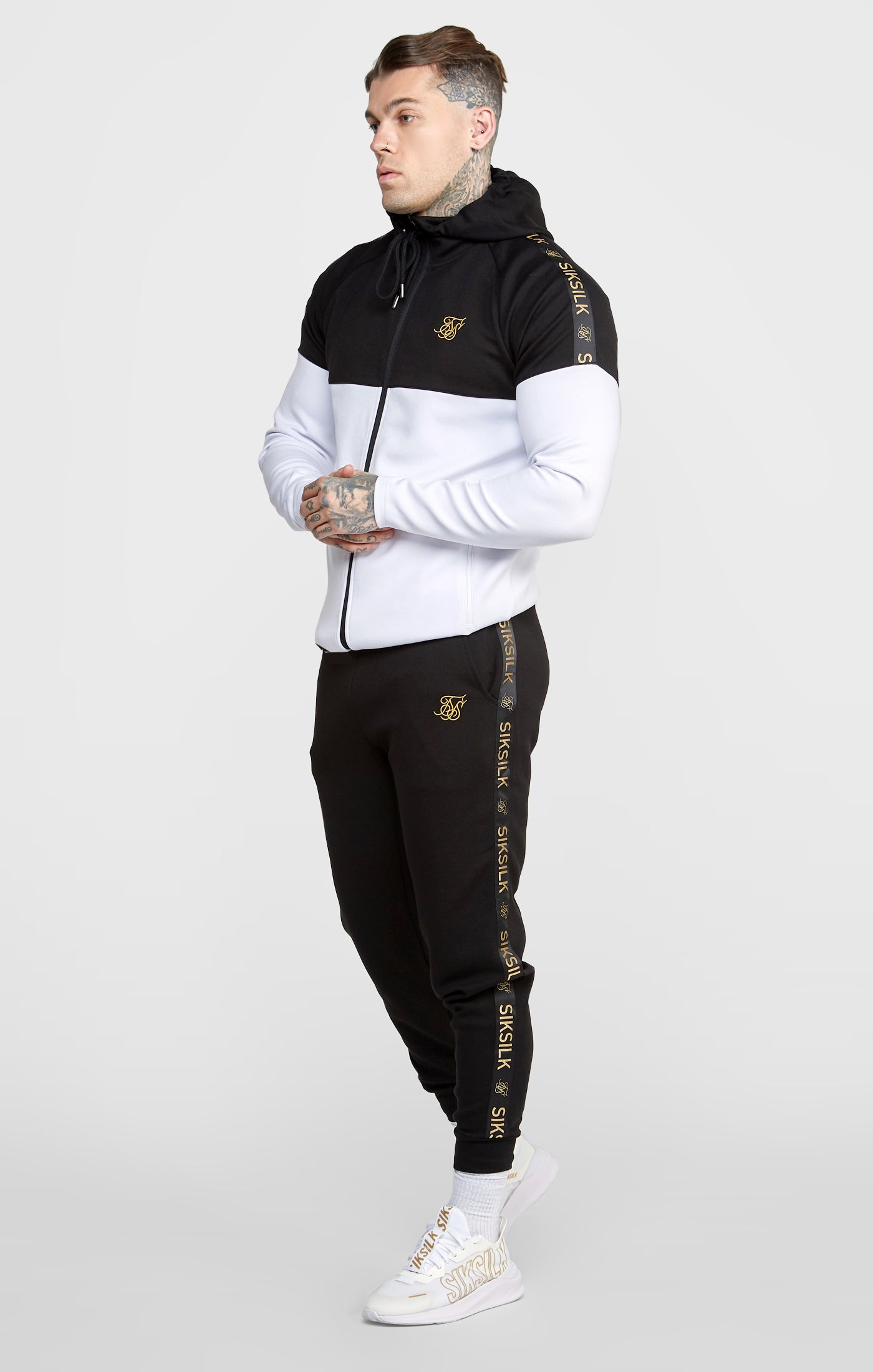 Load image into Gallery viewer, Black, White Tape Zip Through Hoodie &amp; Joggers Set