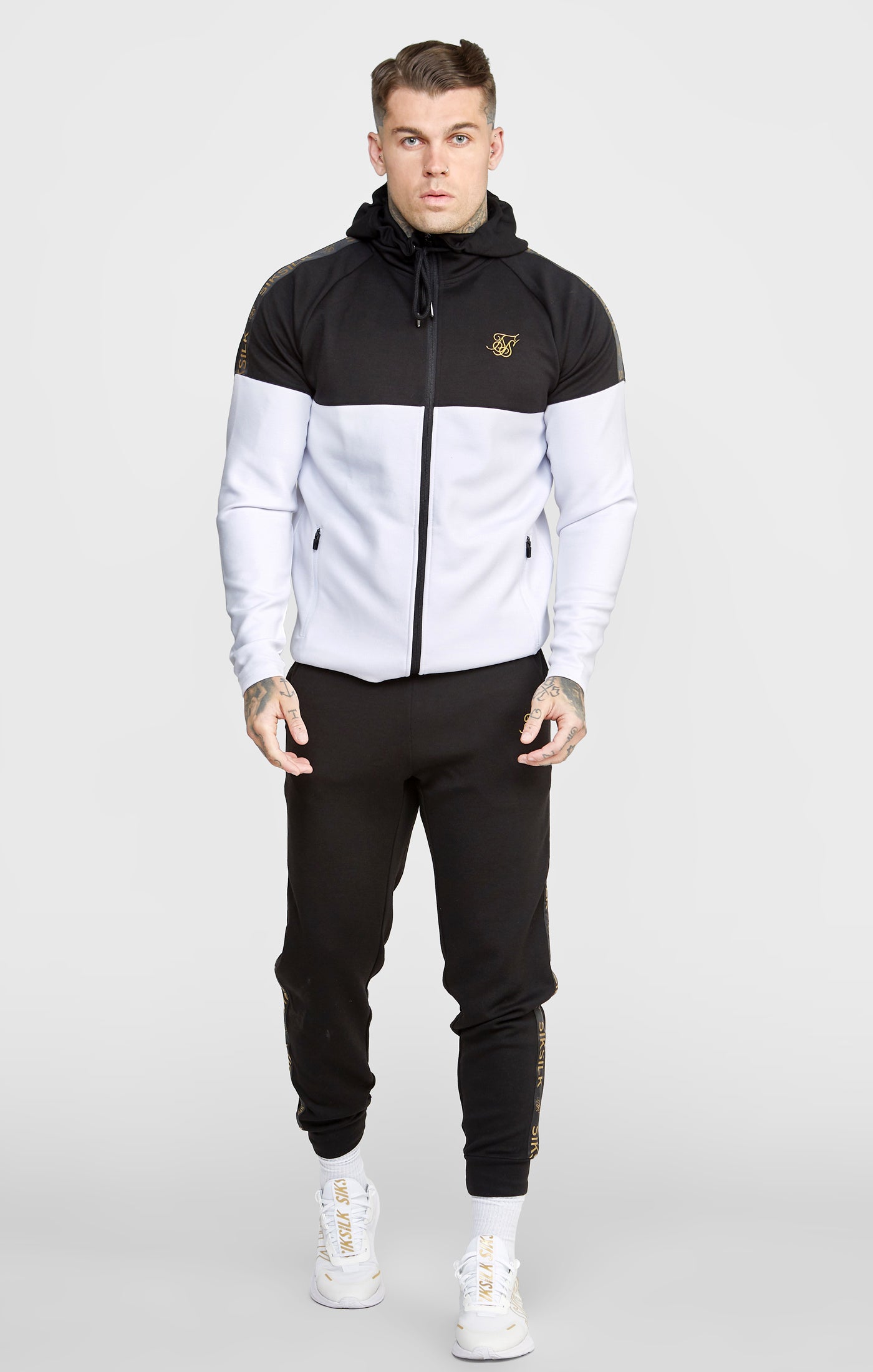 Siksilk fleece overhead hoodie & fitted joggers deals set black white logo athletic