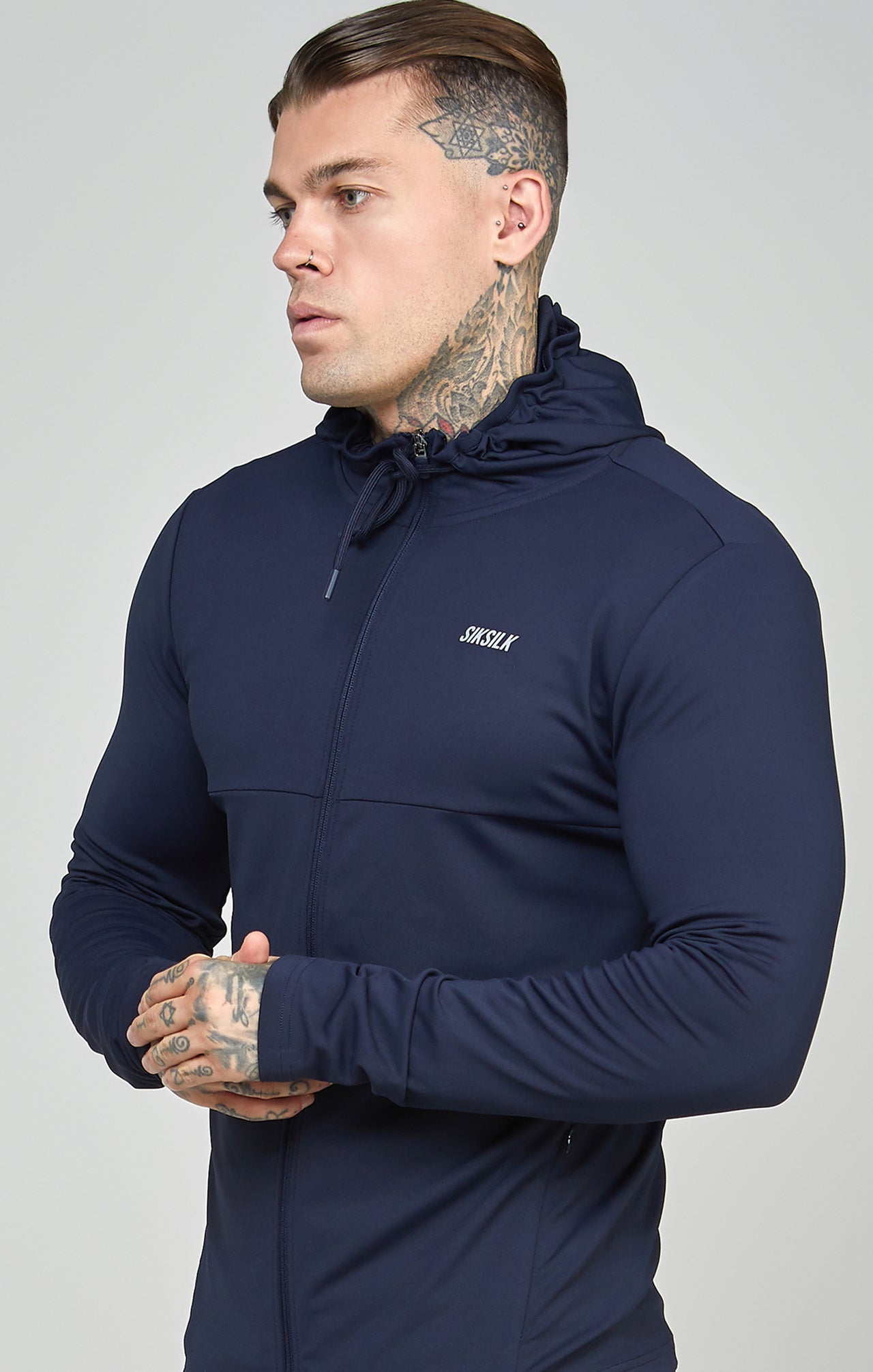 Navy Sports Zip Through Muscle Fit Hoodie