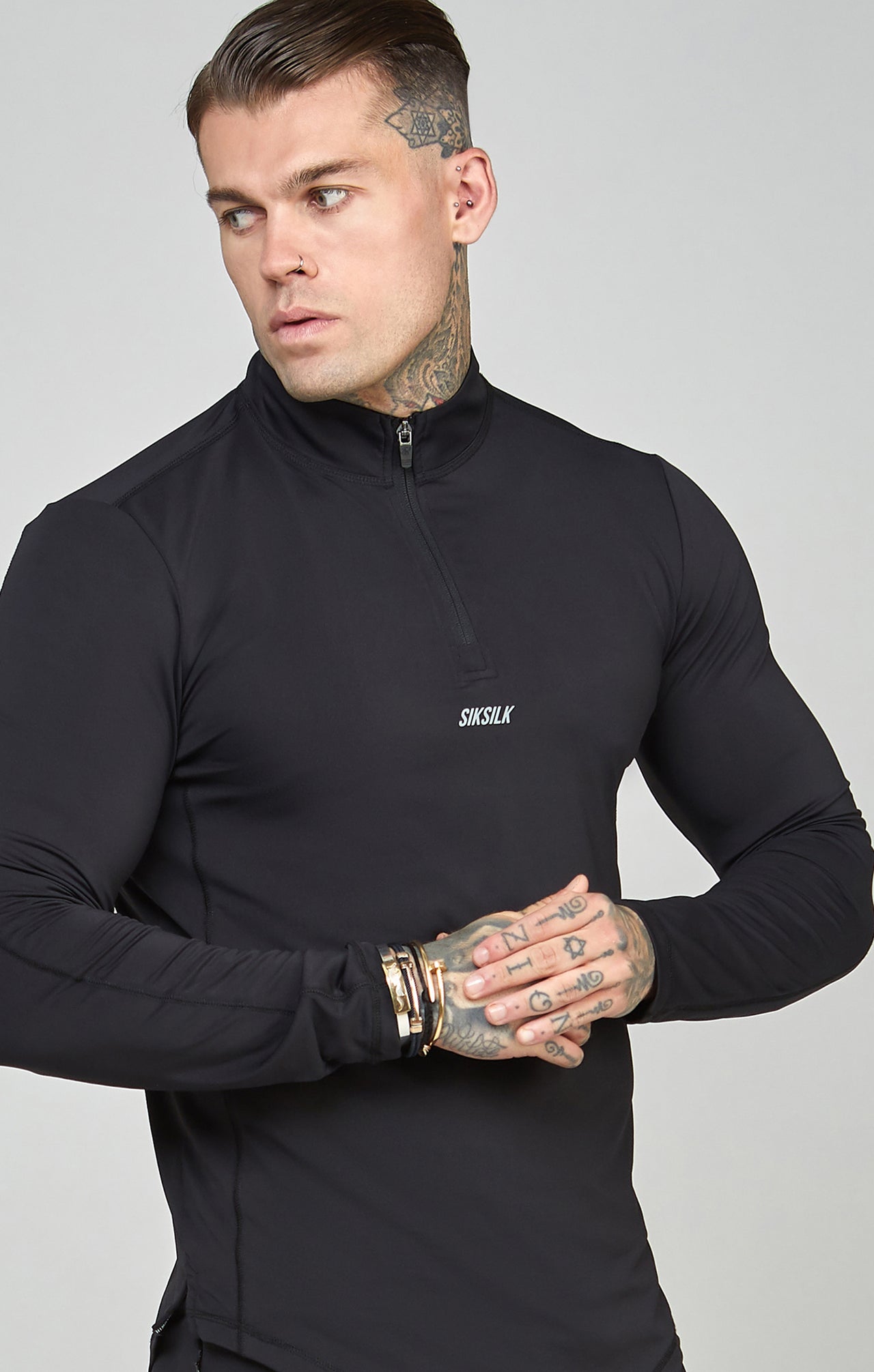 Black Sports Muscle Fit Quarter Zip Long Sleeve Top