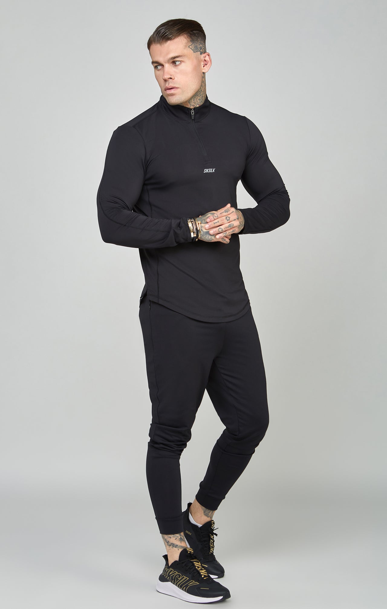 Black Sports Muscle Fit Quarter Zip Long Sleeve Top (1)