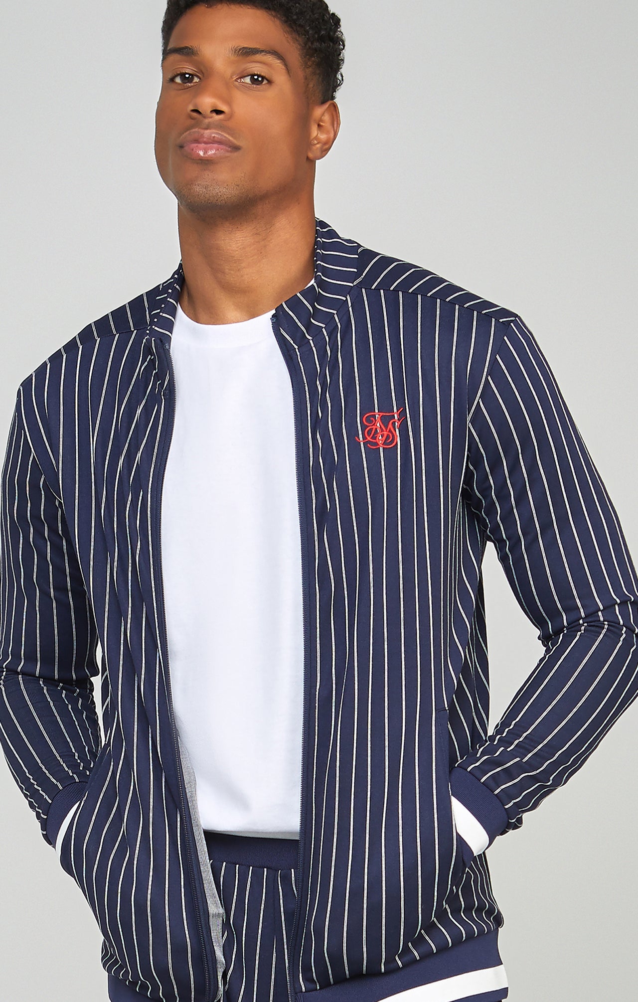 Navy Pinstripe Zip Through Funnel Neck Track Tp