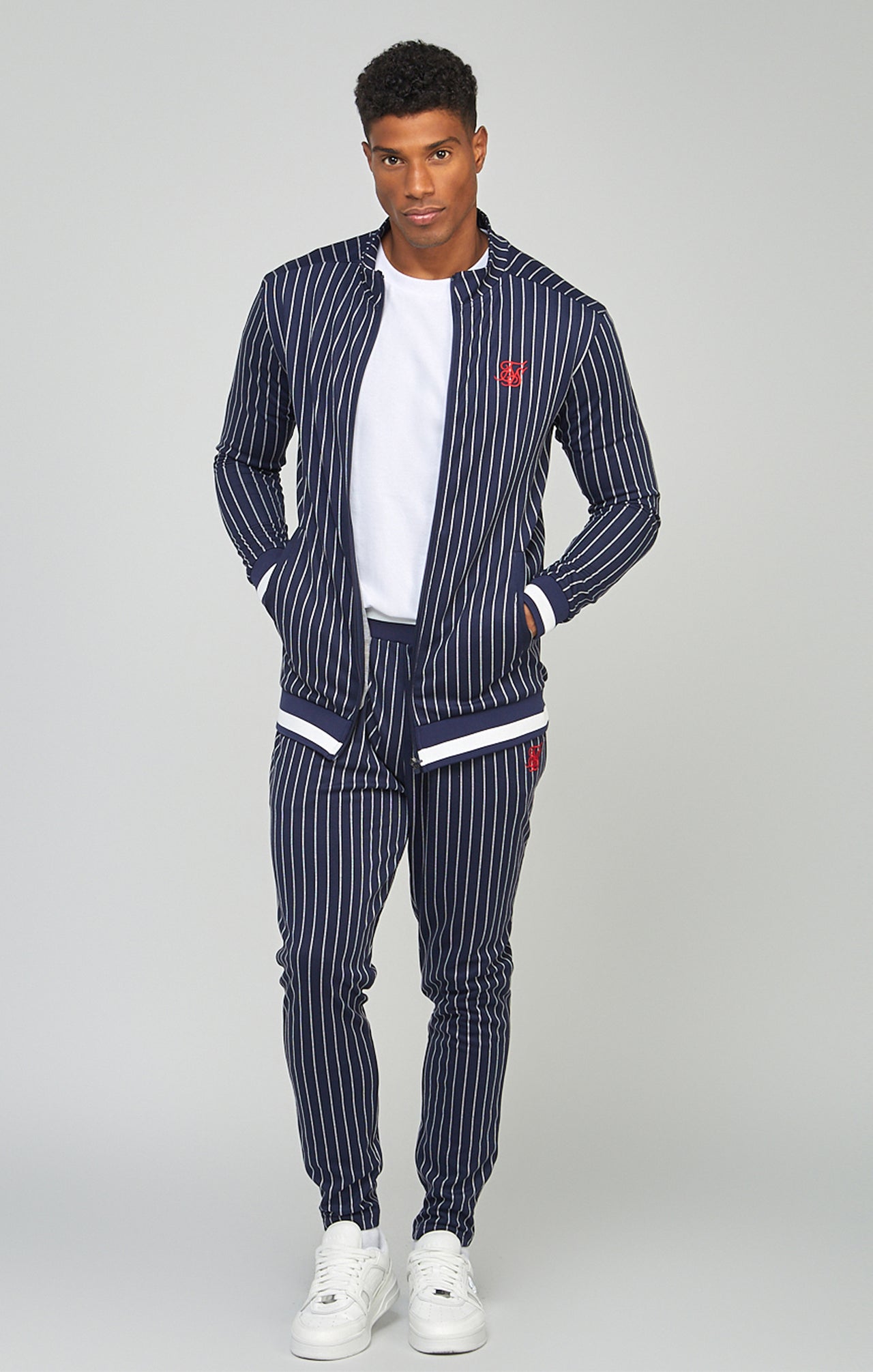 Navy Pinstripe Zip Through Funnel Neck Track Tp (2)