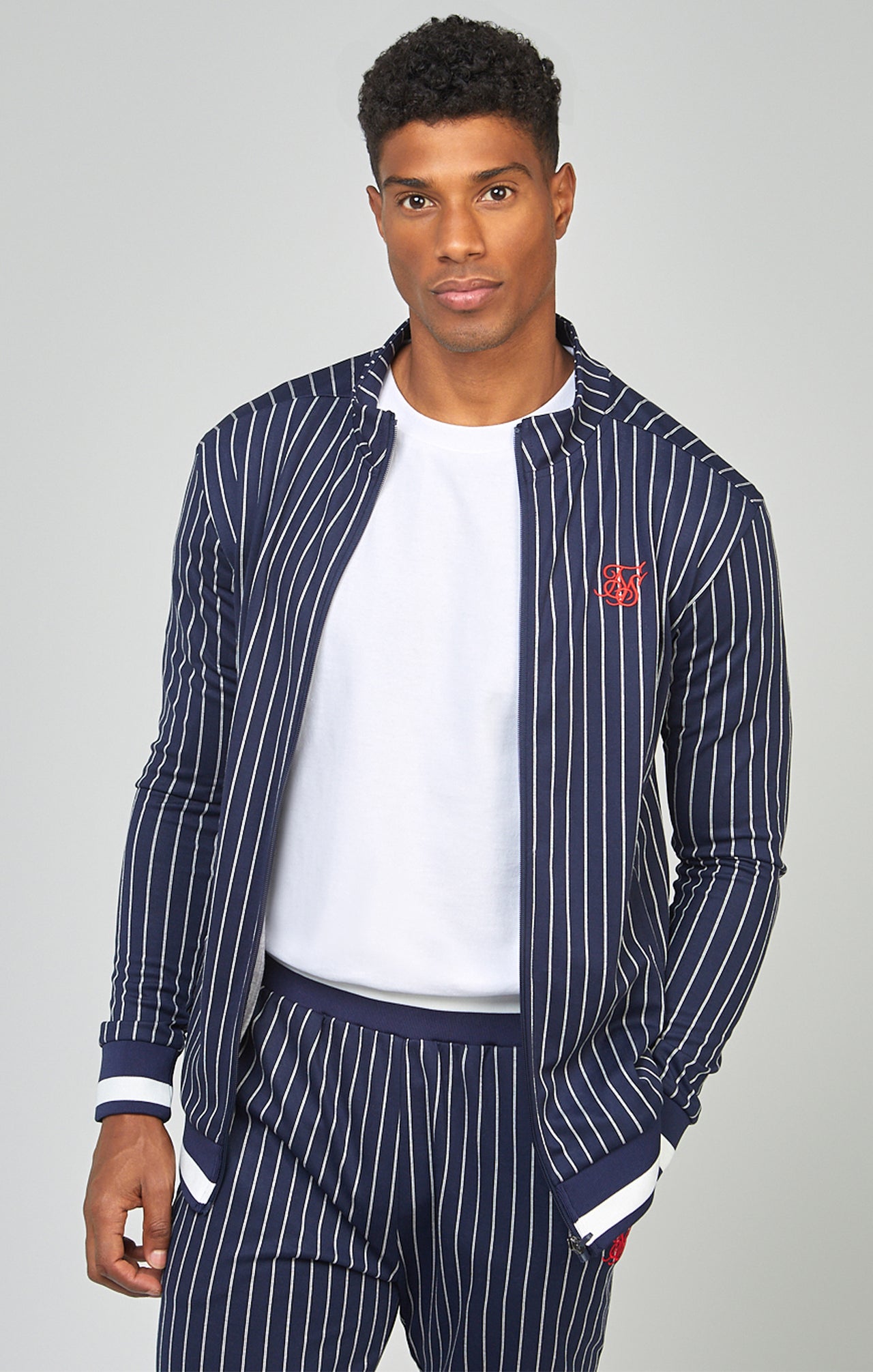 Navy Pinstripe Zip Through Funnel Neck Track Tp (3)