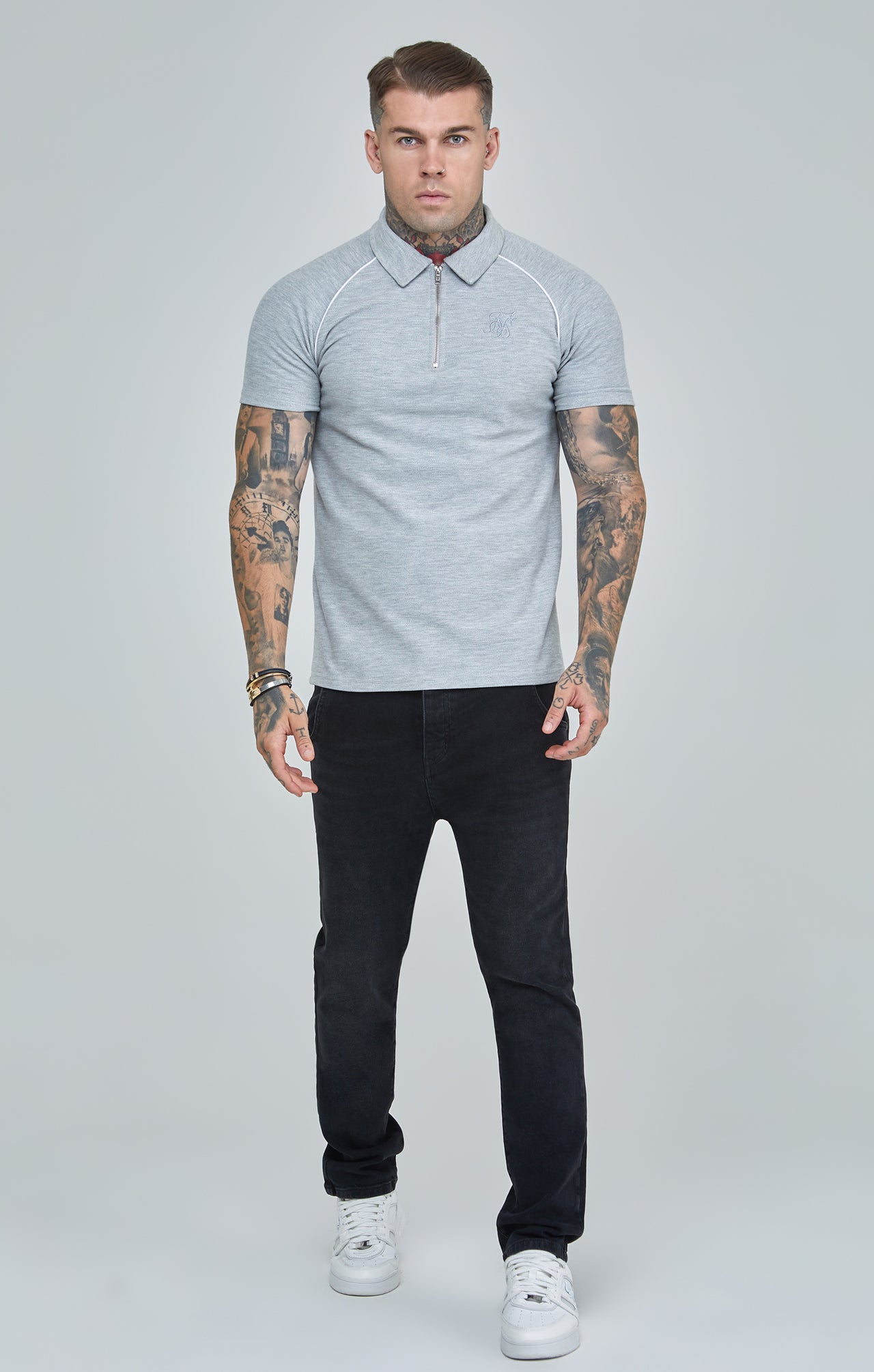 Grey Marl Textured Retro Polo Shirt (1)