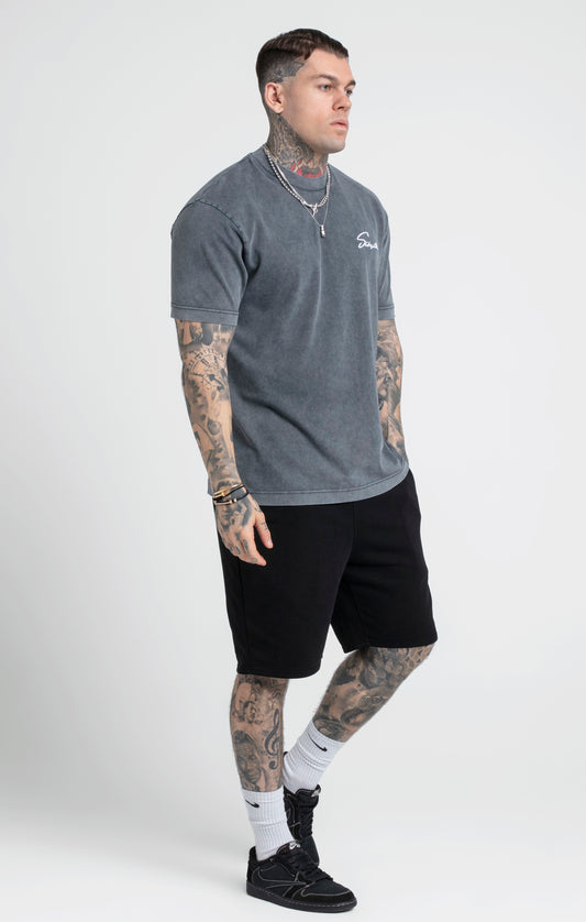 Black Acid Wash Script Print Oversized T-Shirt