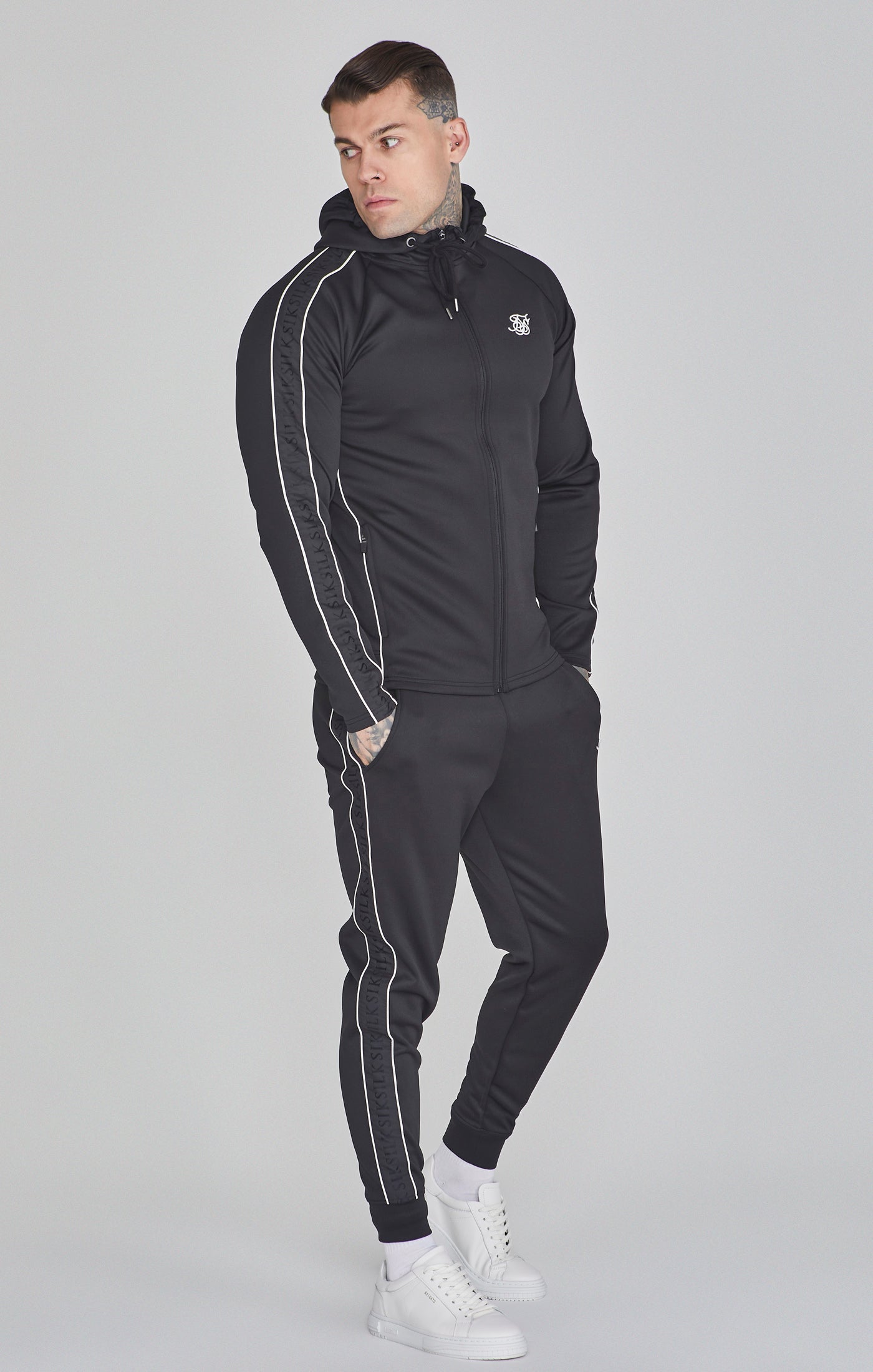 Siksilk fleece overhead hoodie & fitted joggers set hotsell black white logo athletic