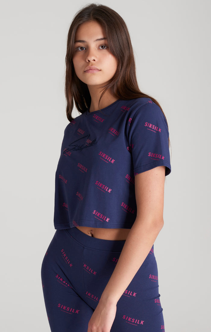 Load image into Gallery viewer, Girls Navy Signature Cropped T-Shirt (1)