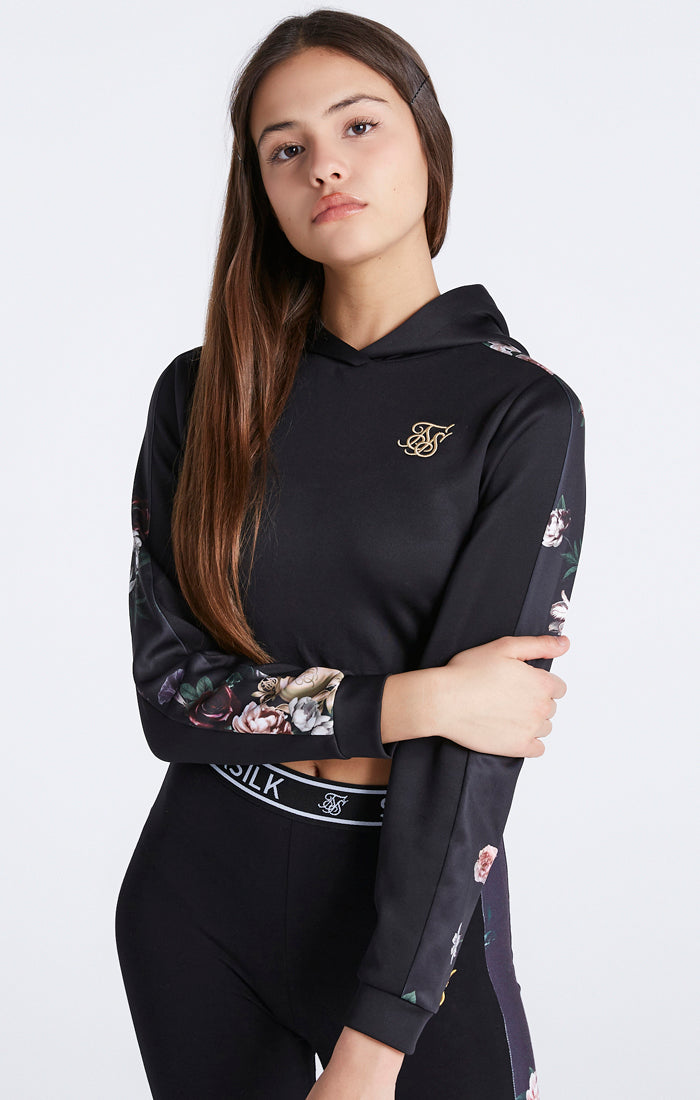 Girls Black Floral Panel Cropped Hoodie (1)