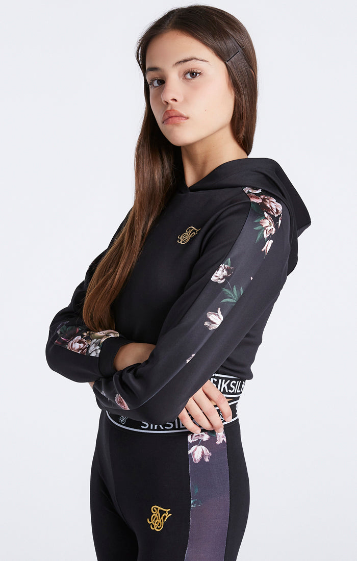 Girls Black Floral Panel Cropped Hoodie