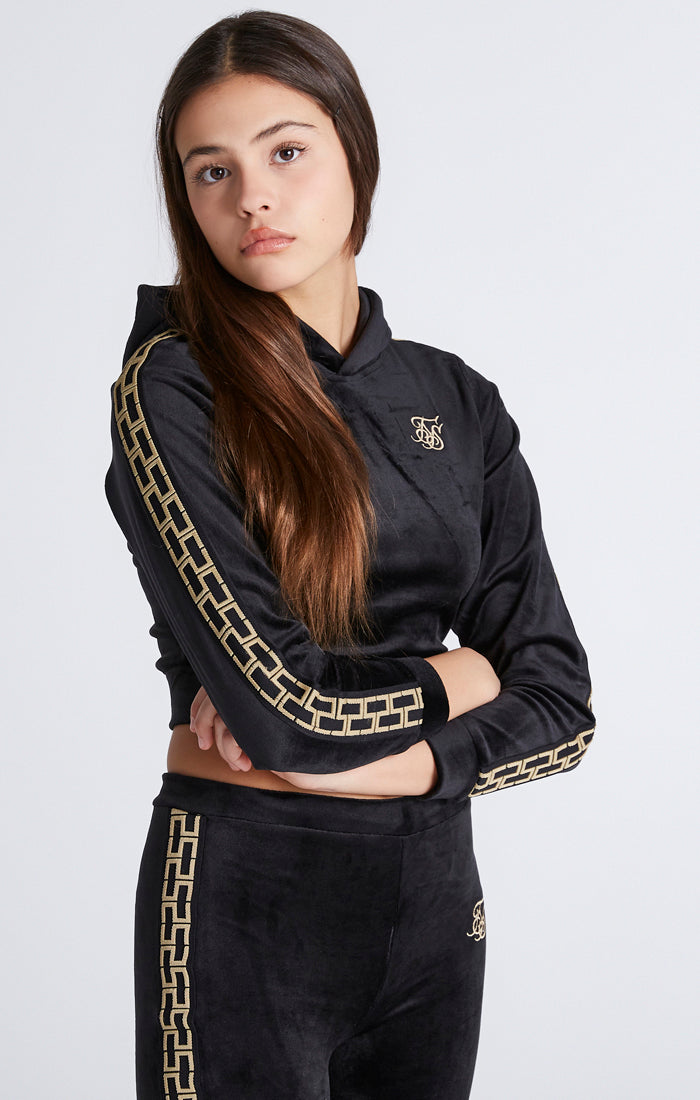 Load image into Gallery viewer, Girls Black Velour Taped Cropped Hoodie