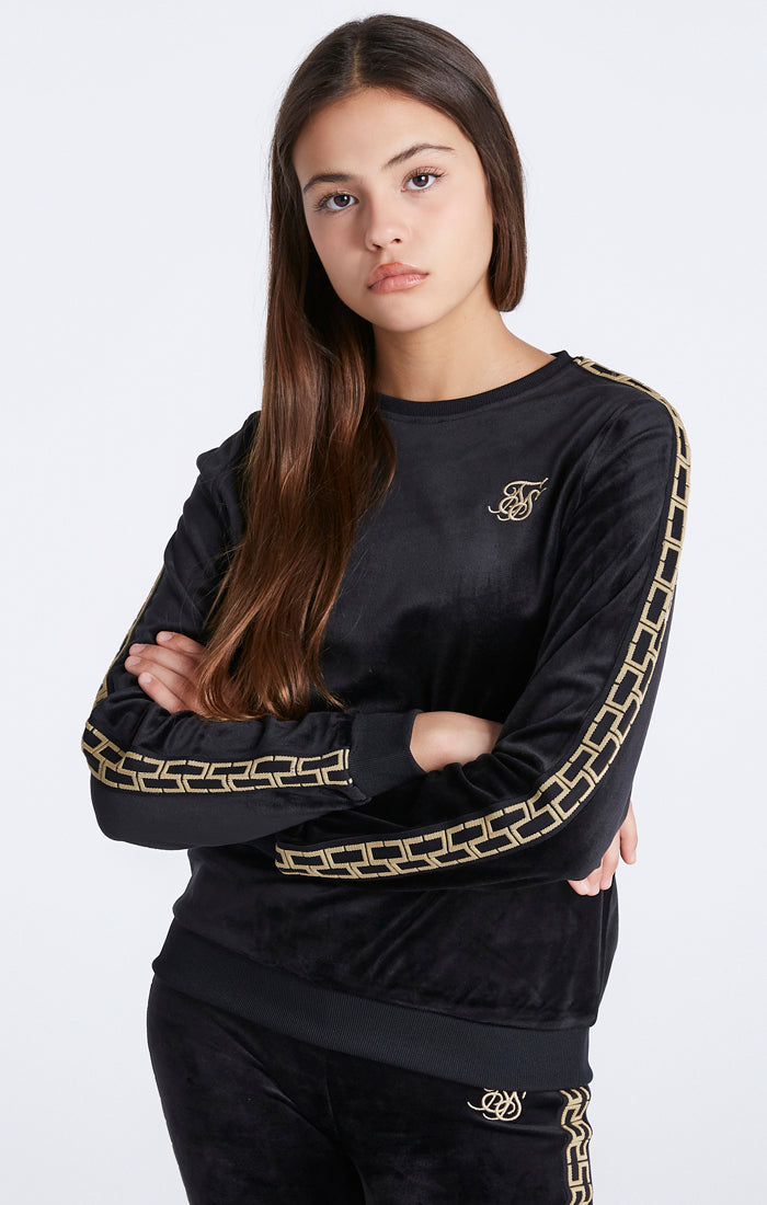 Girls Black Velour Taped Crew Sweatshirt