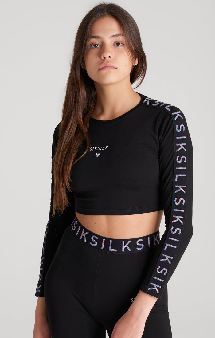 Girls Black Taped Long Sleeve Cropped T-Shirt