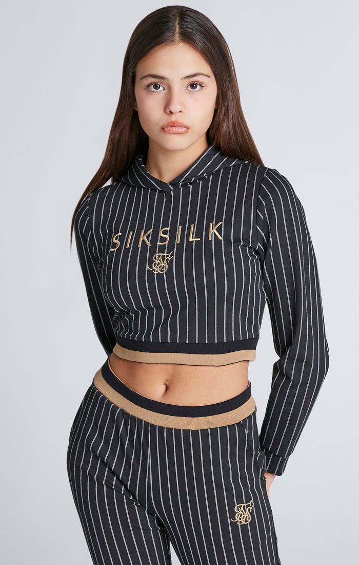 Girls Black Baseball Stripe Cropped Hoodie