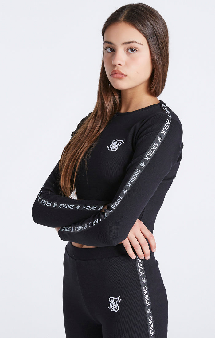 Girls Black Ribbed Taped Cropped T-Shirt