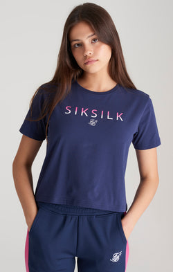 Girls Navy Fade Logo Cropped T-Shirt