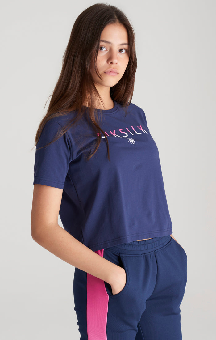 Load image into Gallery viewer, Girls Navy Fade Logo Cropped T-Shirt (1)