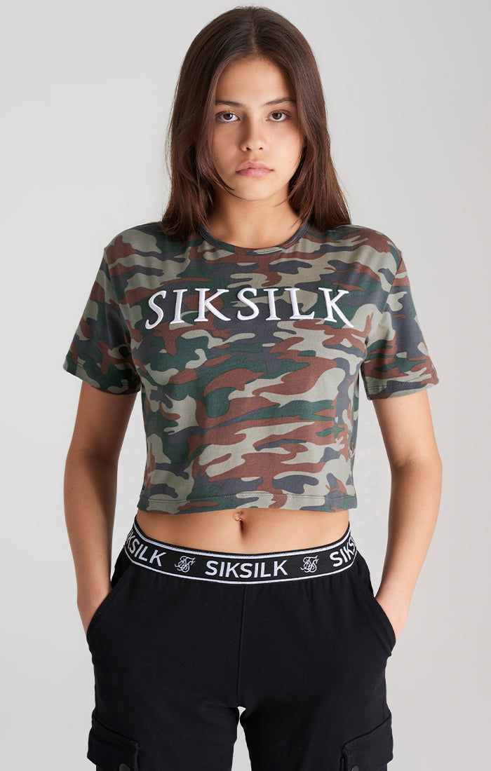 Load image into Gallery viewer, Girls Khaki Camo Cropped T-Shirt (1)