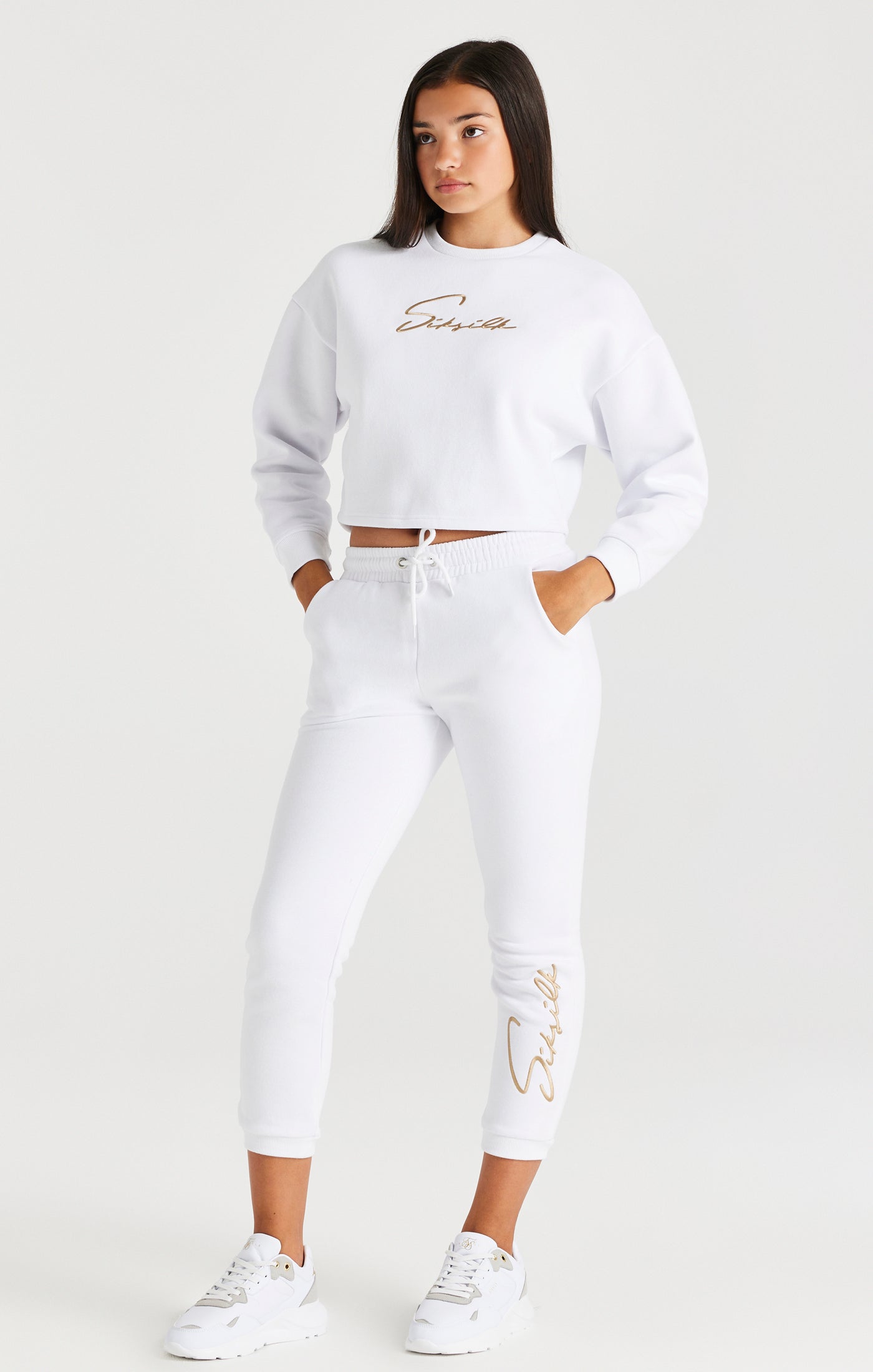 Load image into Gallery viewer, Girls White Signature Cropped Sweatshirt (2)