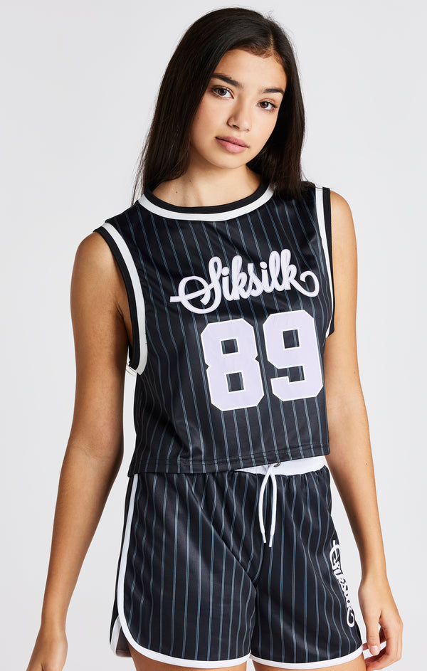 Girls Black Pinstripe Crop Basketball Vest