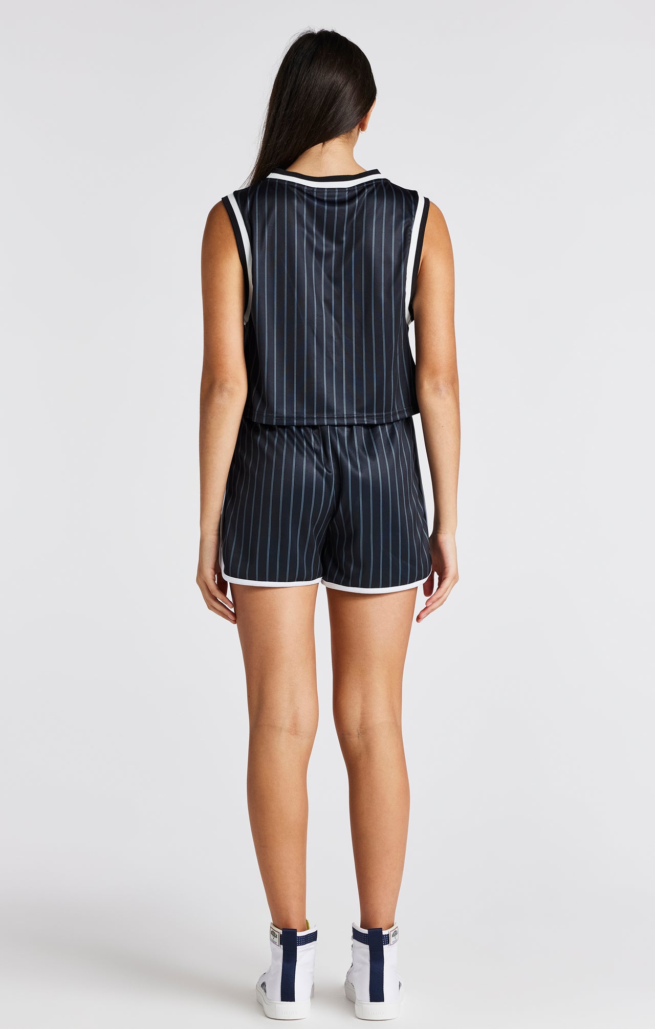 Girls Black Pinstripe Crop Basketball Vest (4)