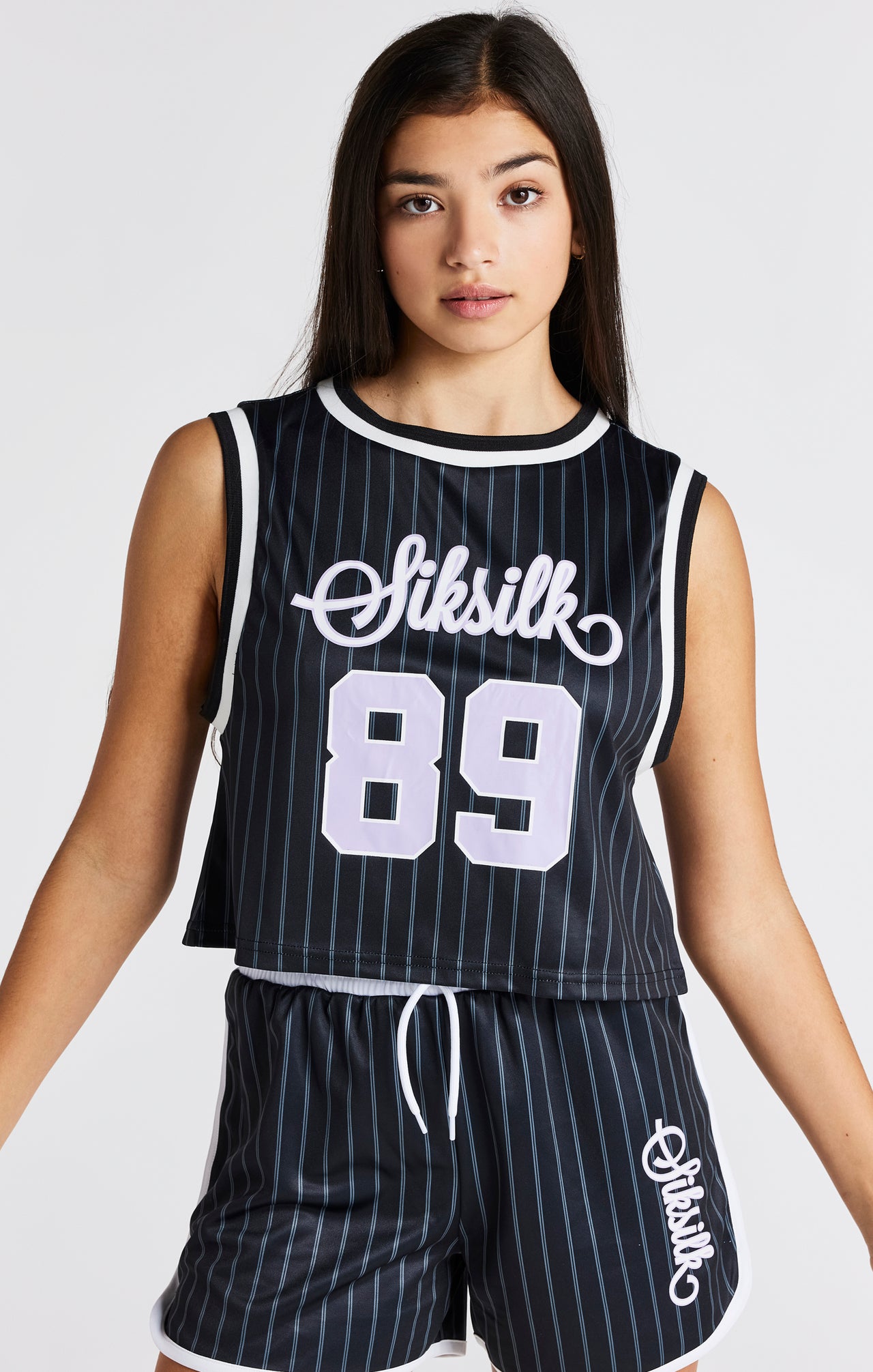 Girls Black Pinstripe Crop Basketball Vest (5)