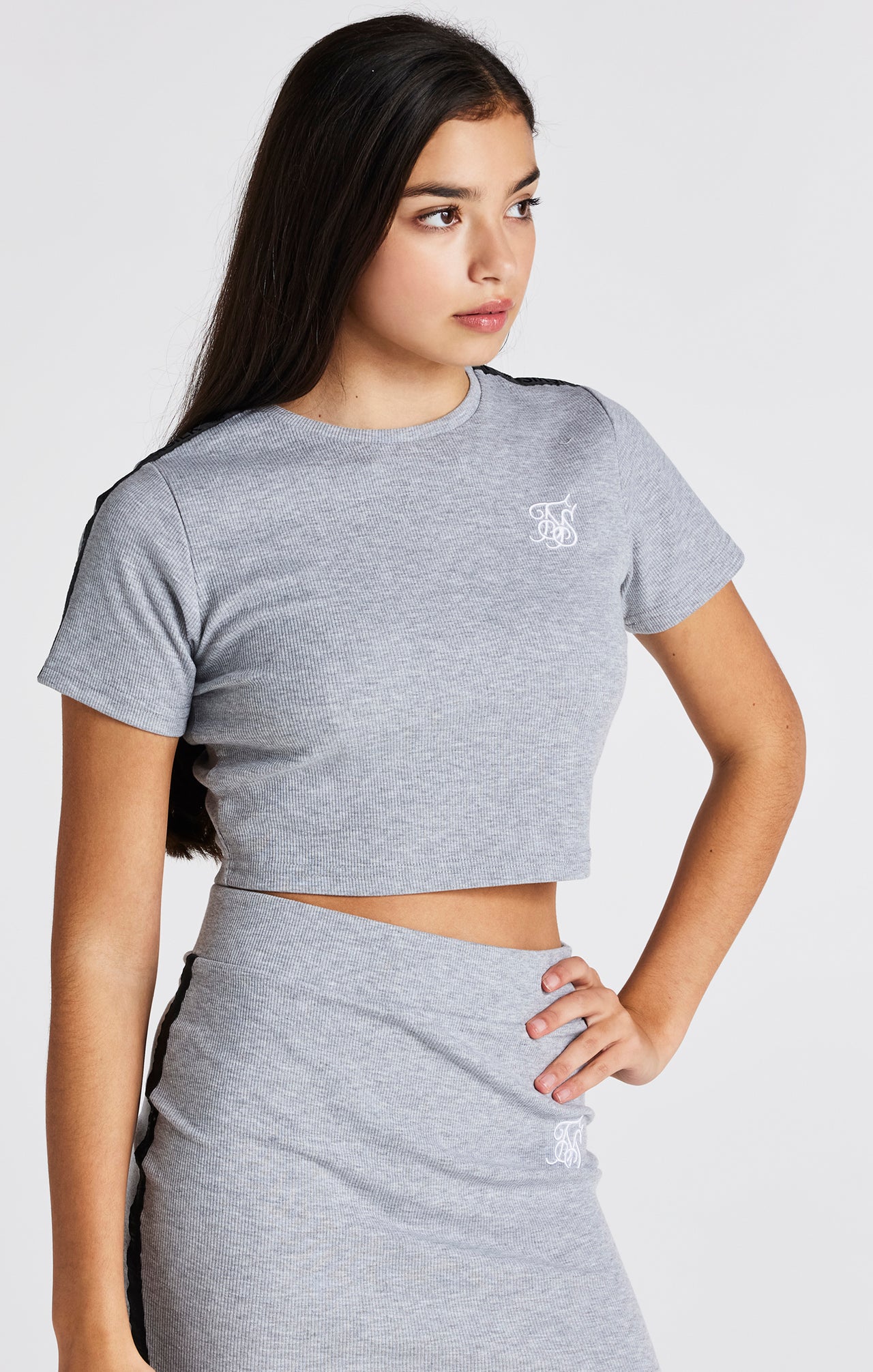 Girls Grey Marl Ribbed Crop T-Shirt