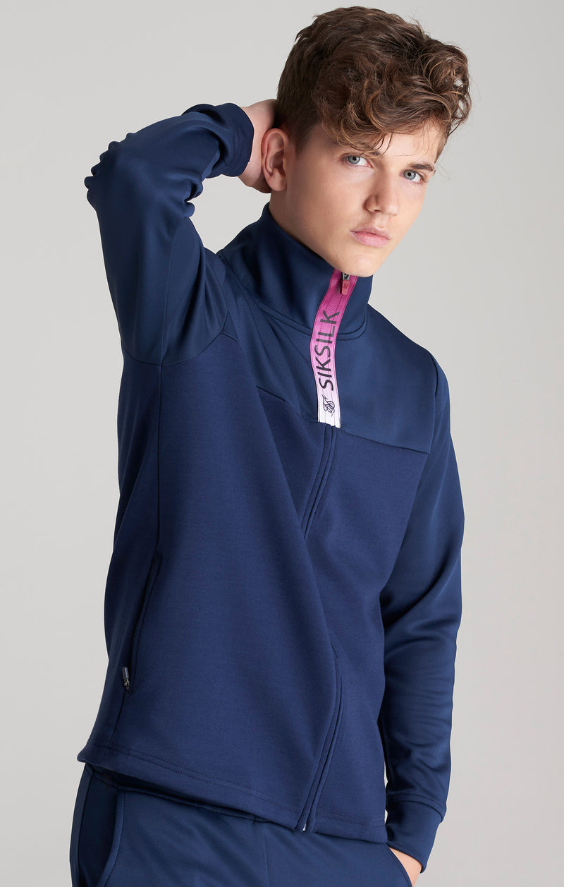 Boys Navy Fade Zip Thru Funnel Neck